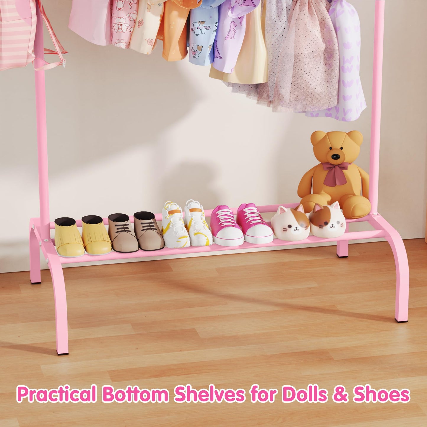 FLOUREE Kids Clothes Rack for Ages 3-6, Montessori Kids Clothing Rack with Bottom Shelf & Side Hooks, Toddler Wardrobe Rack for Bedroom, Playroom, Nursery and Small Room Storage, Pink