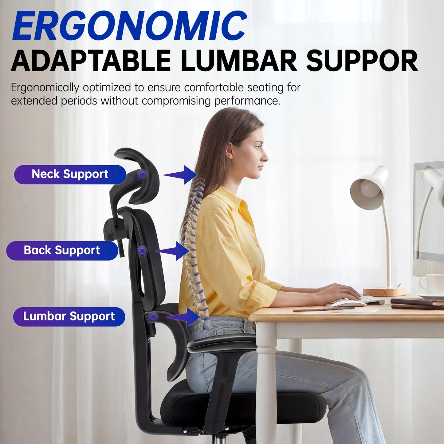 Hayelf Ergonomic Office Chair, High Back Mesh Computer Chair with Comfortable Adaptive Lumbar Support, Built-in Coat Hanger, SGS Class 4 Gas Lift, Heavy Duty 300lbs for Long Hours Home Office, Black