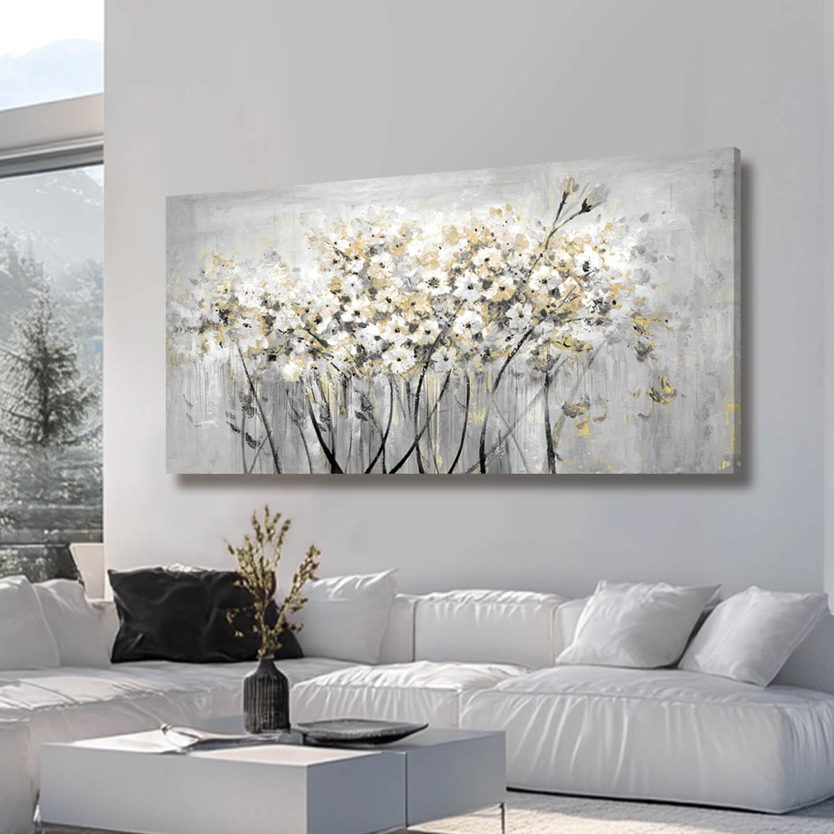 Flowers Canvas Wall Art White Paintings Grey Gold Contemporary Artwork Master Bedroom Wall Decor 29"x 58" Large Framed Art for Living Room Office Home Decor