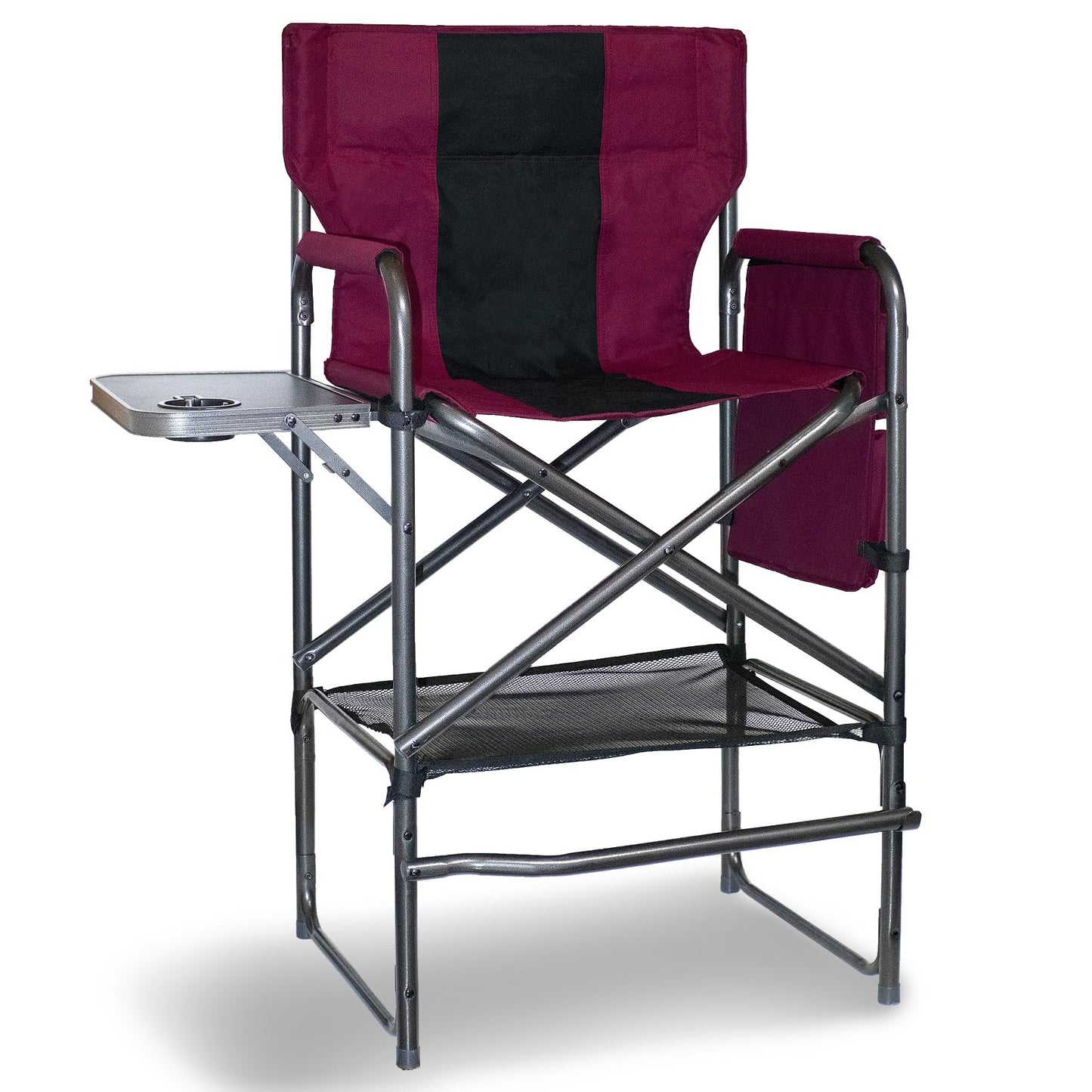 Foristrail 30" Tall Directors Chair with Side Table, 400LBS Bar Height Folding Camping Chair for Makeup Artists, Outdoor Events, Portable Foldable Chair with Cup Holder & footrest - Wine Red/Black