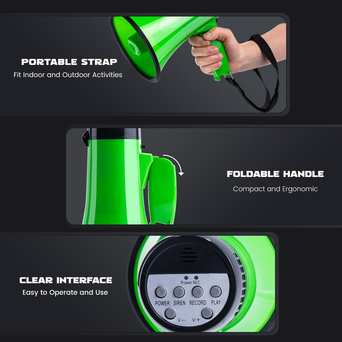 MyMealivos 20W Megaphone Bullhorn, Built in Siren & 240s Recording, 5.4"×8.6" Portable Megaphone with Volume Control Cover Up to 300 feet+ for Indoor and Outdoor Activities(Green)