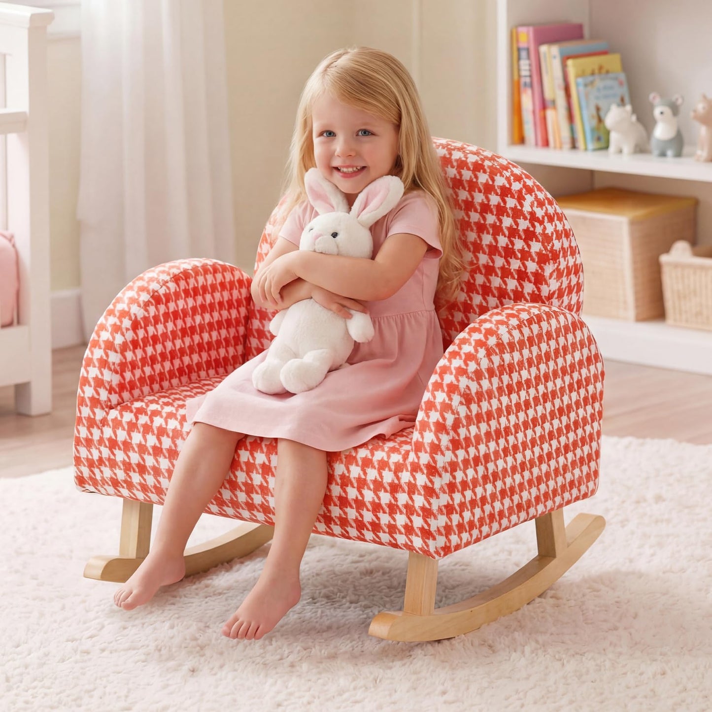 INFANS Kids Sofa, Toddler Rocking Chair with Solid Wooden Frame, Anti-Tipping Design, Plush Fabric, Children Armchair for Nursery Kindergarten Gift for Boys Girls (Rocking Chair, Orange)