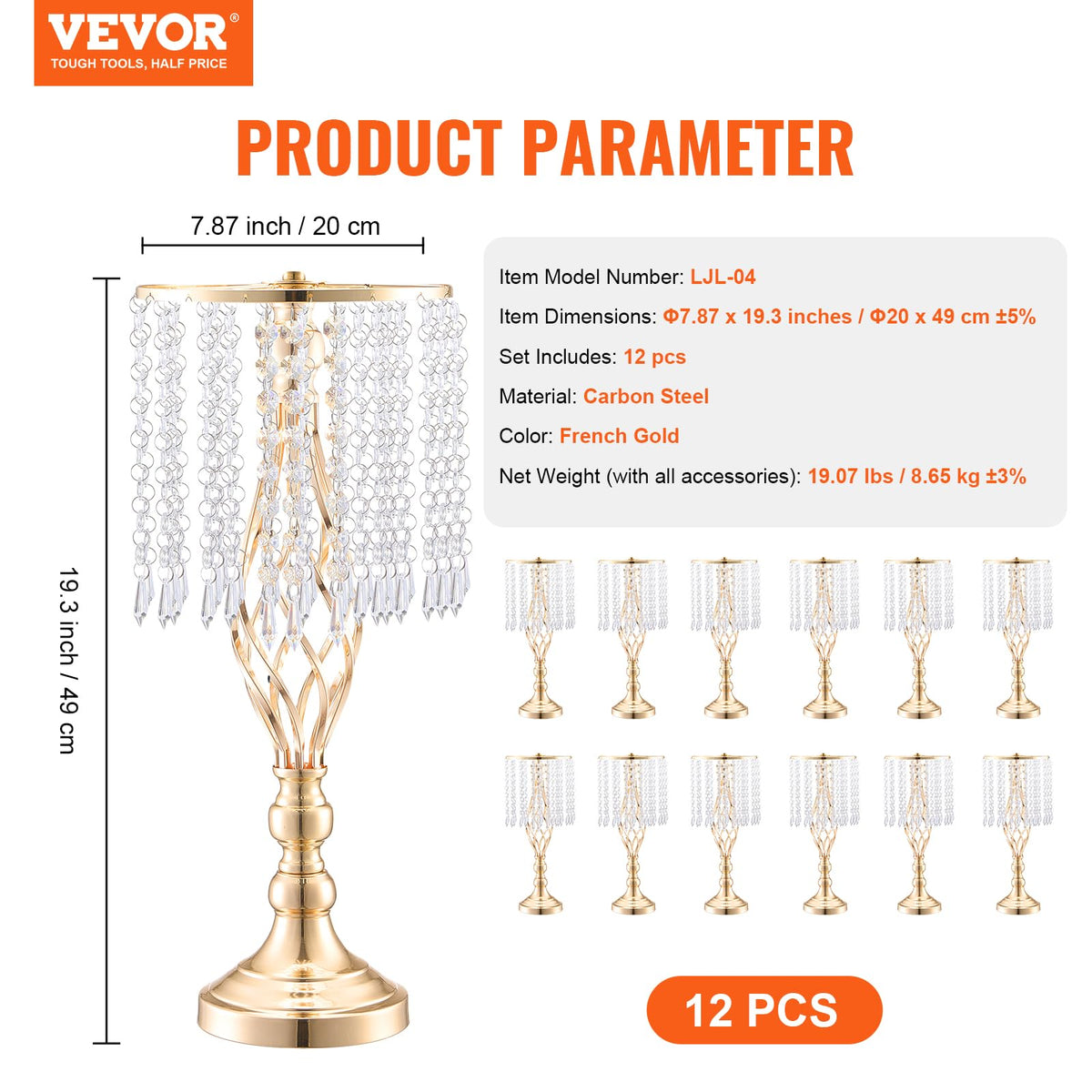 VEVOR Metal Wedding Centerpiece Gold,Crystal,12PCS 49cm/19.3”