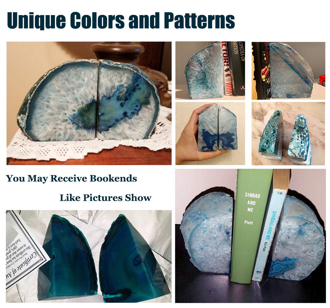 AMOYSTONE Agate Geode Bookends Heavy Duty Stone Book Ends Decorative Bookend Holder Home Office Decor with Rubber Bumpers Teal 1 Pair, 2-3 LBS