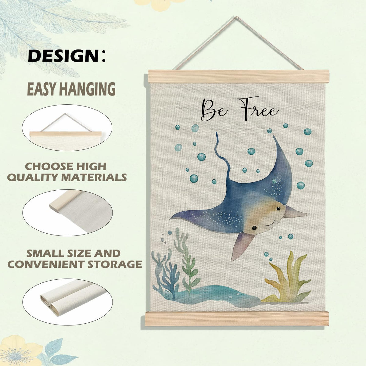 BearCake Ocean Nursery Decor, Stingray Octopus Under the Sea Wall Art Poster Hanger Frame, Inspirational Beach Nursery Canvas Prints Framed Wall Decor for Kids Room Playroom, 12x16 Inch Set of 2