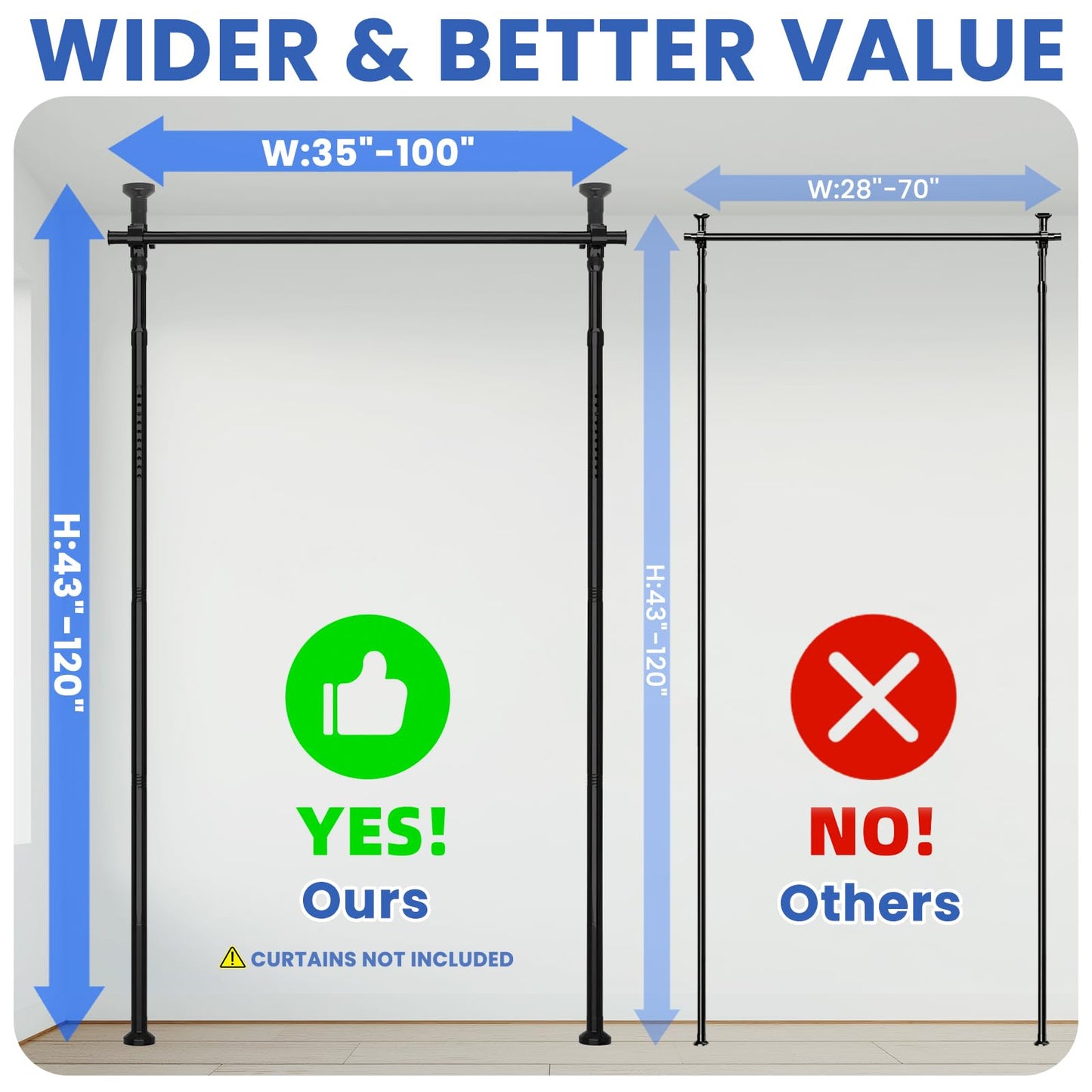 Room Divider Tension Curtain Rods No Drilling Room Separator for Space Partition Adjustable (W) 35-100in×(H) 43-120in, Heavy Duty Temporary Wall Divider Floor to Ceiling Tension Rod, Black, 1 Pack