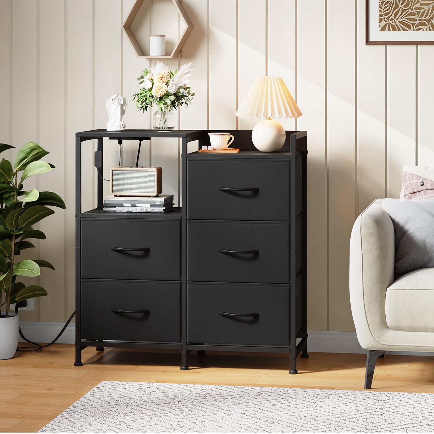 Somdot Black Nightstand with Charging Station and LED Light, Wide 5 Drawers Dresser for Bedroom with Fabric Bins and Open Shelf for Bedroom Kids Closet Dorm Guest Room, Black