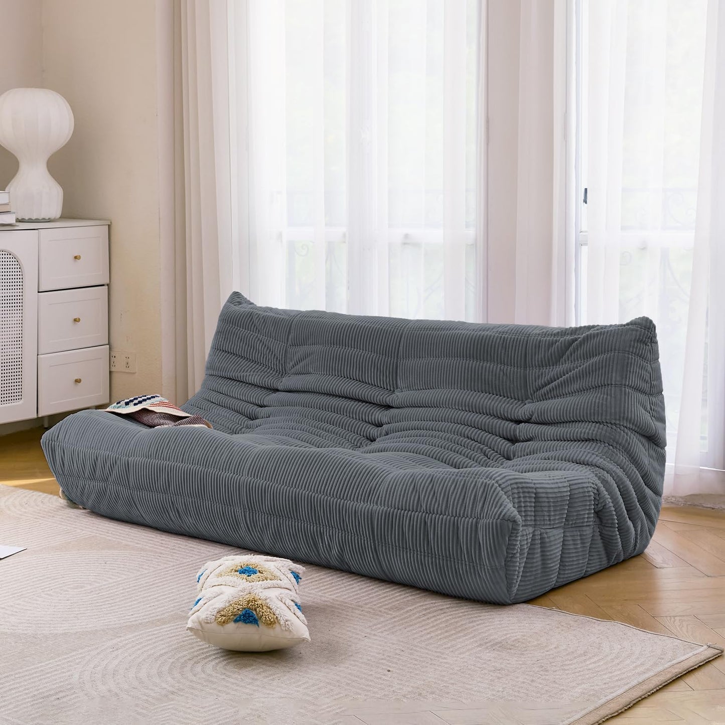 N&V Fireside Three Seater Sofa, Mid Century Armless Twin Size Floor Lounge Chair, Soft Premium Corduroy Floor Sofa, Accent Chair for Living Room, Bedroom (Frost Grey)