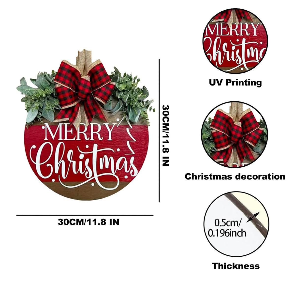 Merry Christmas Hanging Sign for Front Door, Wooden Welcome Wreath with Bow for Holiday Rustic Farmhouse Outdoor Wall Window Decor (Merry Christmas Wreath)