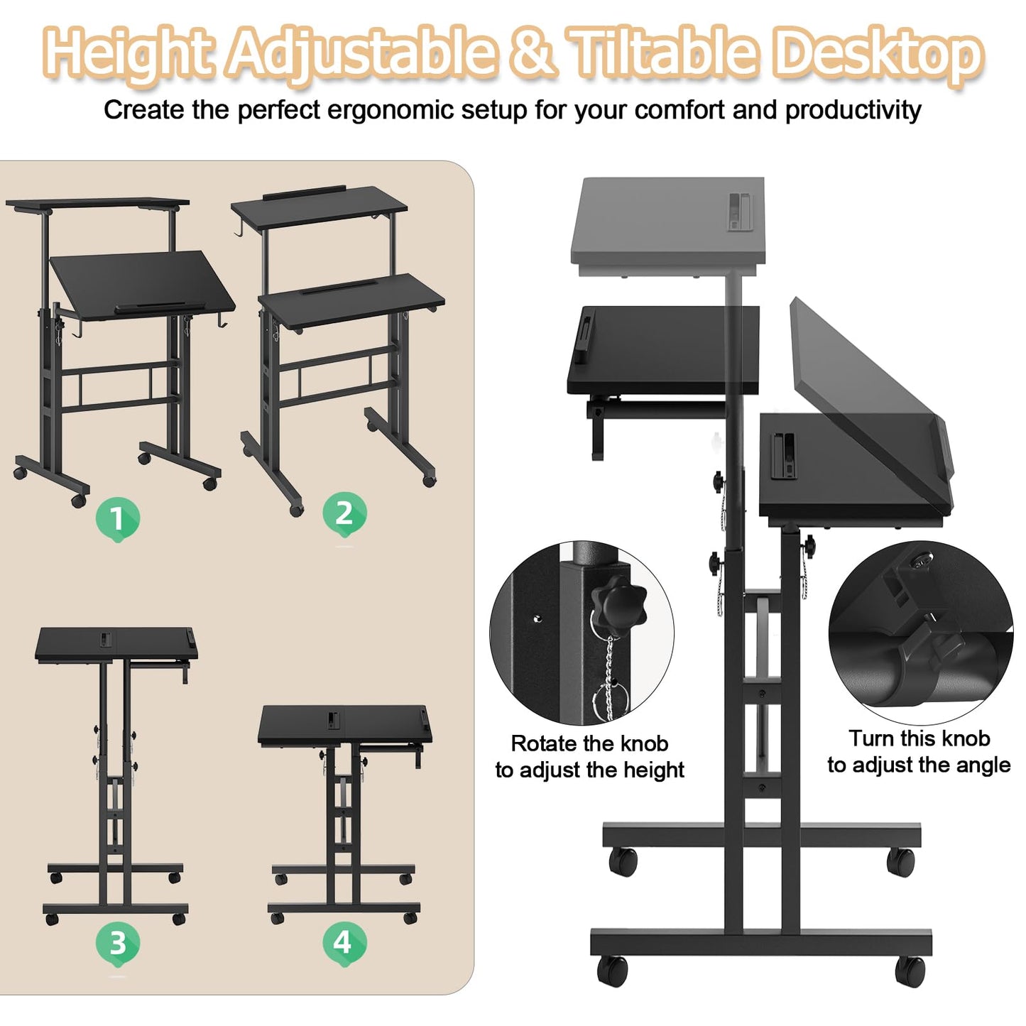 Klvied Height Adjustable Mobile Standing Desk, Tiltable Laptop Desk with Cup Holder & Hook, Portable Rolling Desk with Lockable Casters, Home Office Workstation for Standing/Sitting, Black