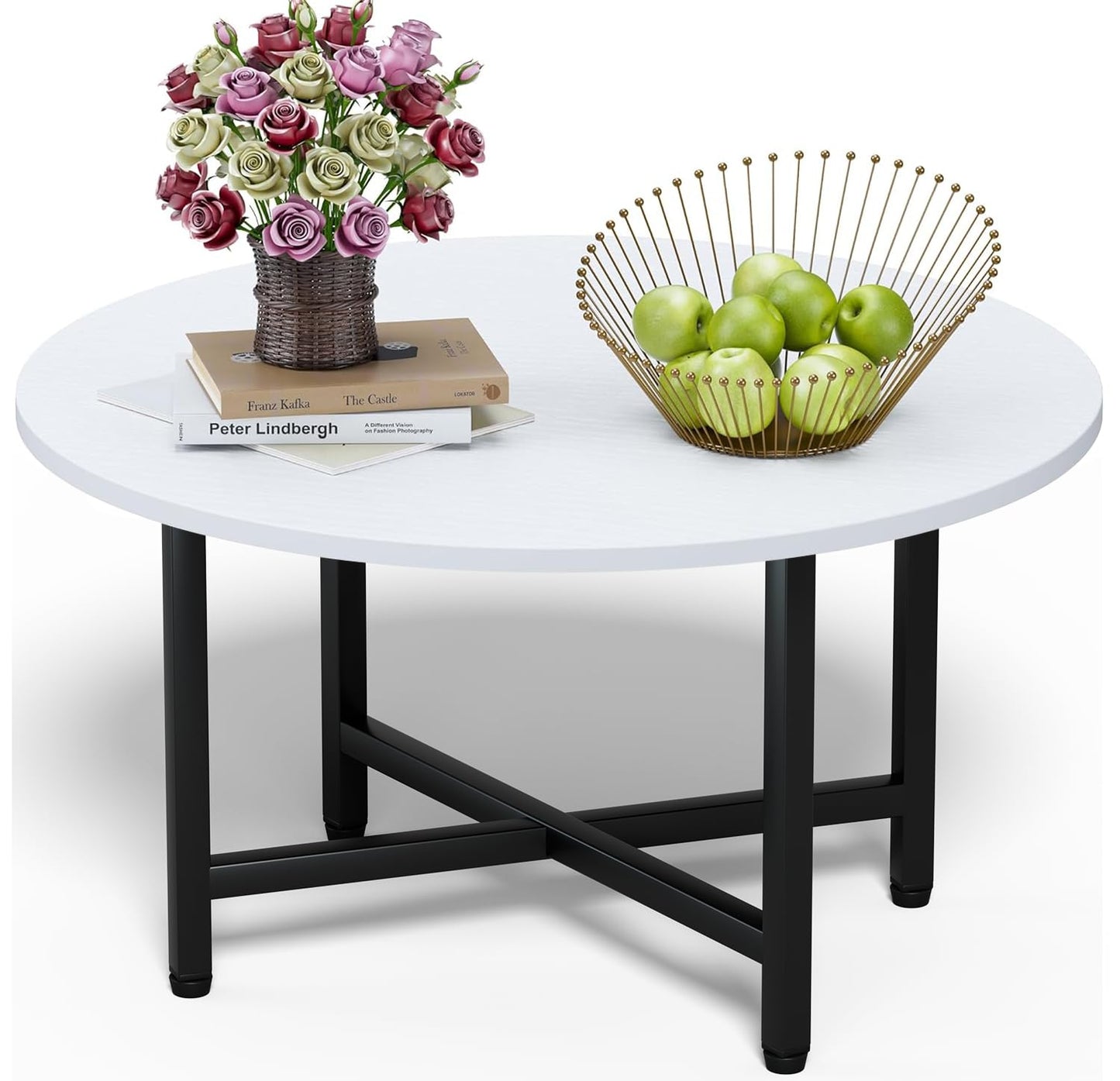FAMIDGE Coffee Table, 23.6" Coffee Tables for Living Room, Round Coffee Table with Metal Frame, Floor Table for Sitting on The Floor, Home, Office, White