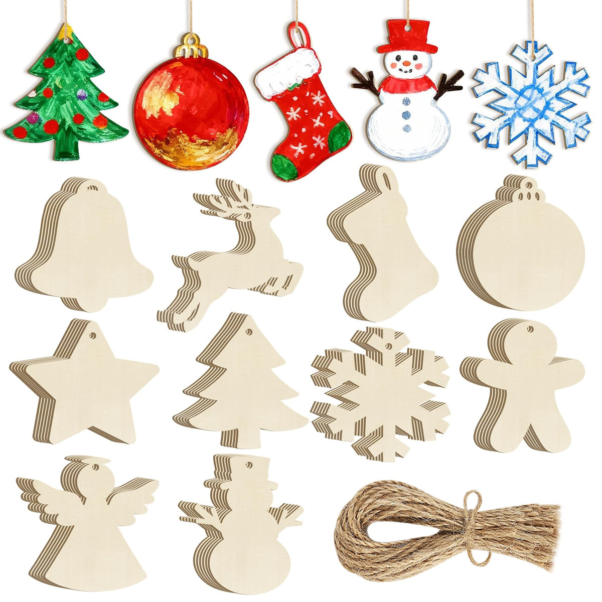 80PCS Wooden Christmas Ornaments to Paint, 8 Styles DIY Blank Unfinished Wood Reindeer Santa Claus Christmas Tree Ball Snowman Snowflake Angel Cutouts Ornament for Crafts Winter Hanging Decorations