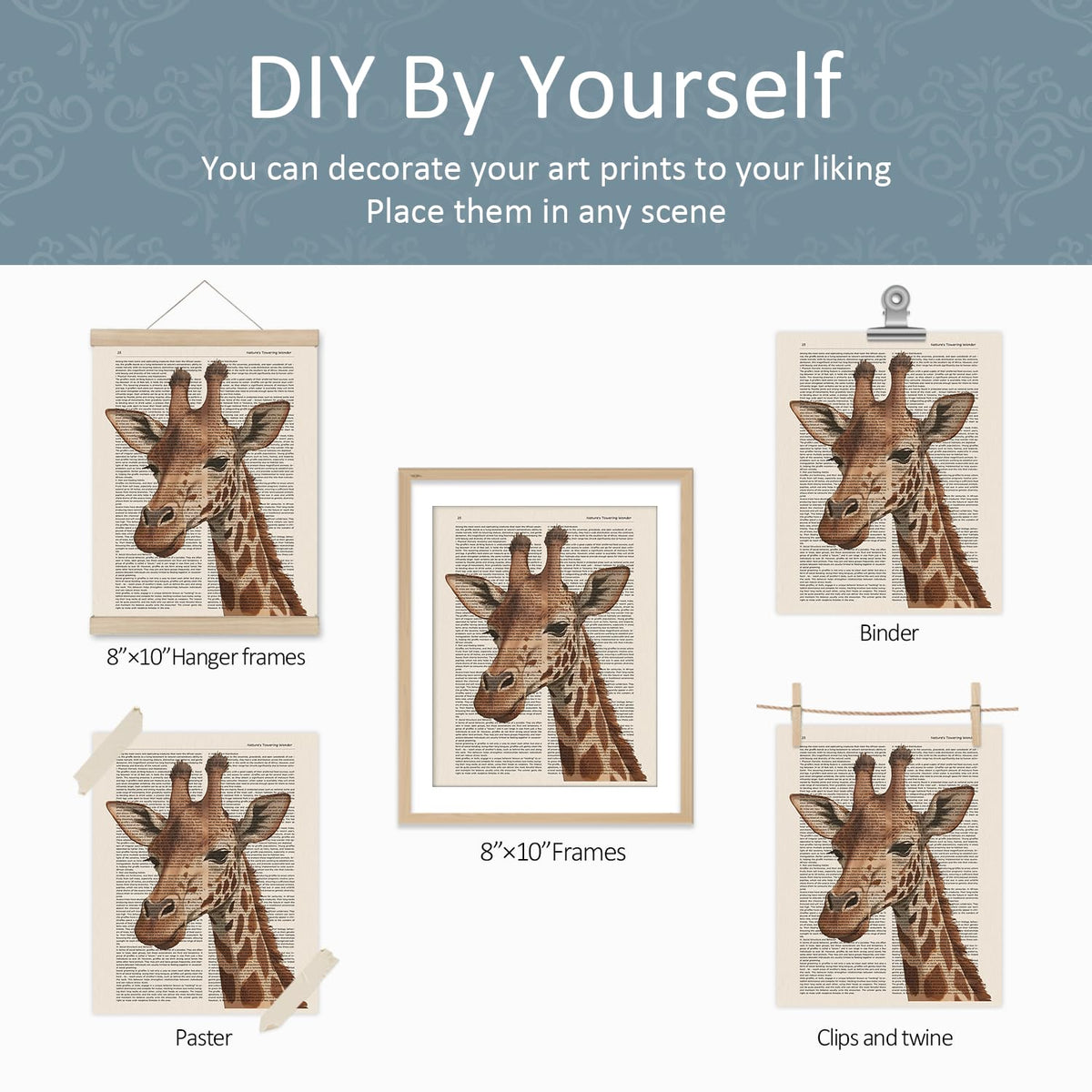 VONTP Retro Giraffe Wall Art Decor, Cute Giraffe Baby Dad Mom Wild Animal Family Prints Poster Wall Decorations for Nursery Kids Room Bedroom Dorm Bathroom, 8x10 Set of 4 (Unframed)