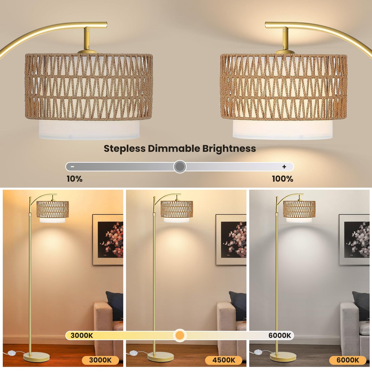 Yusist Arc Floor Lamp for Living Room,Gold Floor Lamps with Remote Control & Dimmable Bulb,Rattan Boho Tall Standing Lamp for Bedroom Office