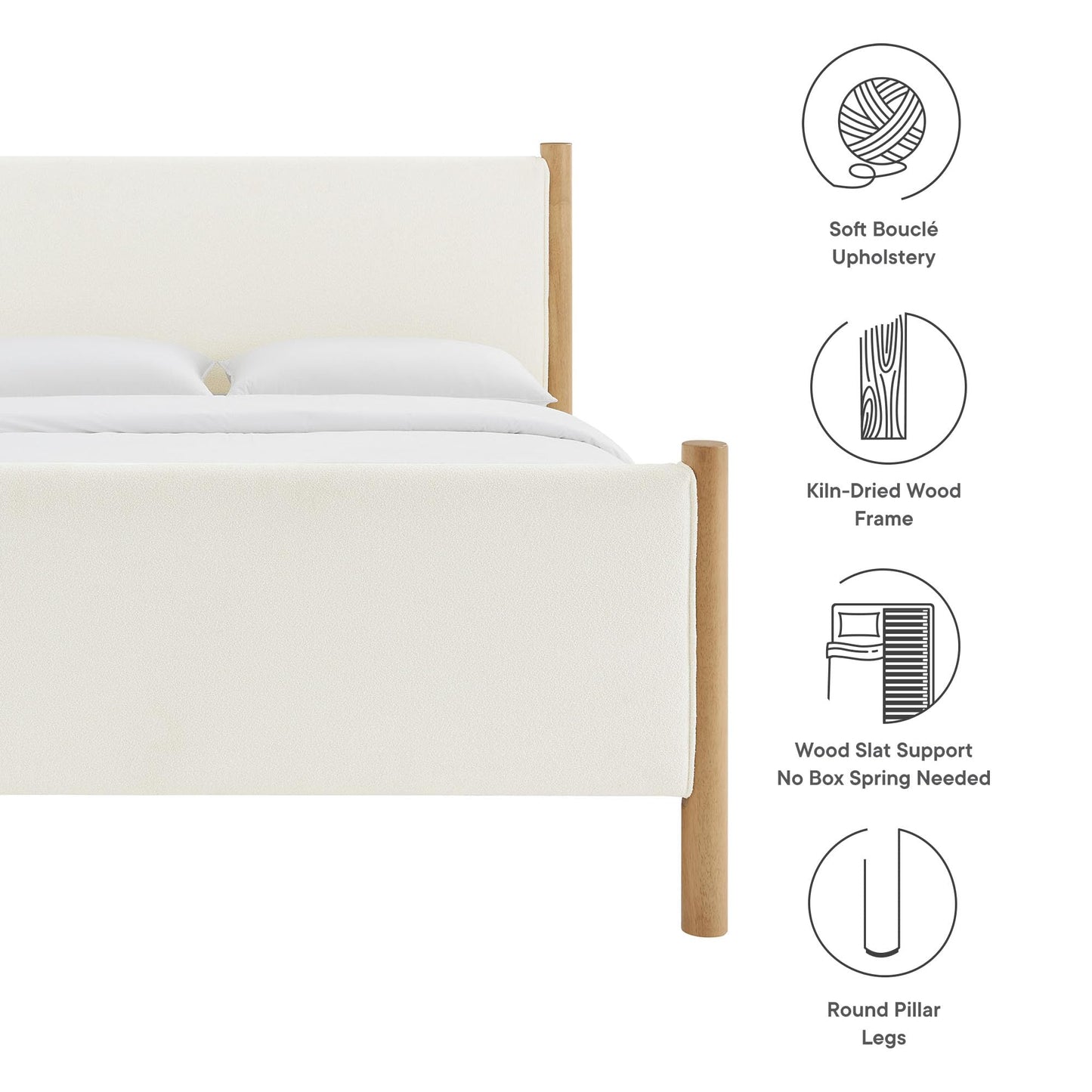 Modway Maven King Size Bed Frame in Feather Oak with Upholstered Boucle Headboard and Footboard – Wood King Platform Bed Frame – No Box Spring Needed