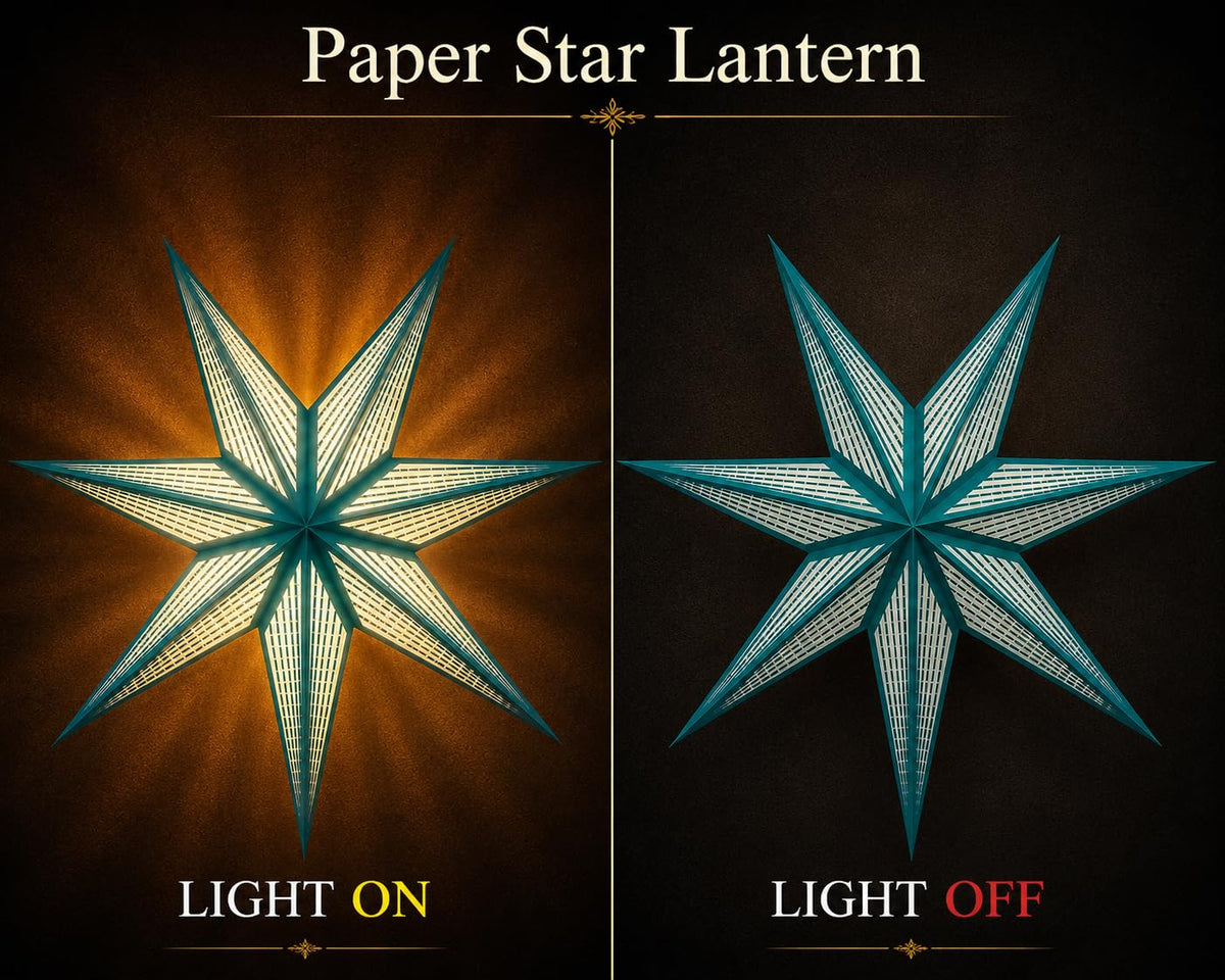 GalaxyArts 7-Point Paper Star Lantern - Striped Cutout Hanging Light Decoration - Foldable Star Lamp Shade for Home, Party, Christmas, Wedding Décor - Indoor/Outdoor Hanging Star(Turquoise)