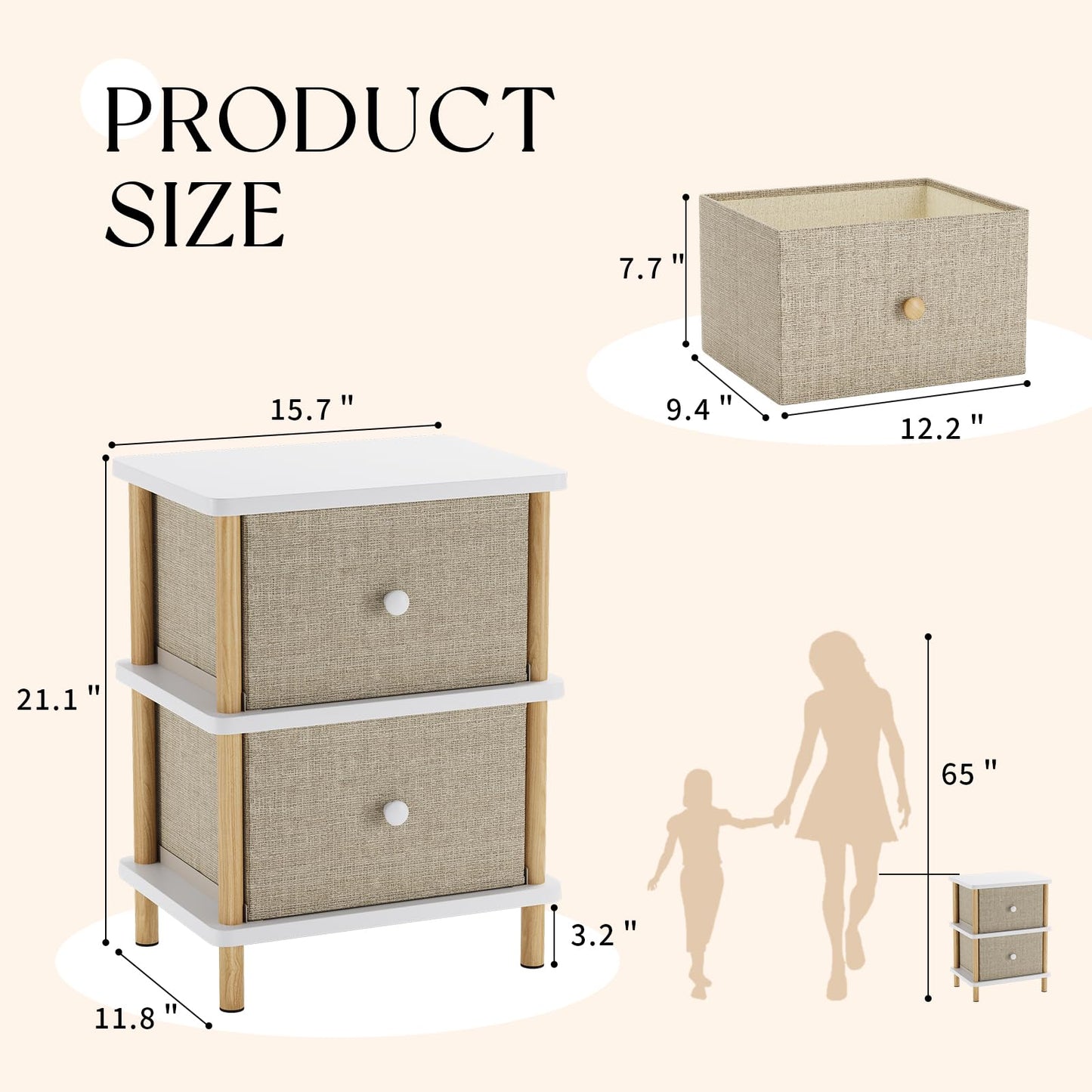 Apicizon Nightstand with 2 Storage Drawers, Boho Side Table with Solid Wood Legs, End Table for Small Spaces, Bedroom, Living Room, Entryway, White+Natural