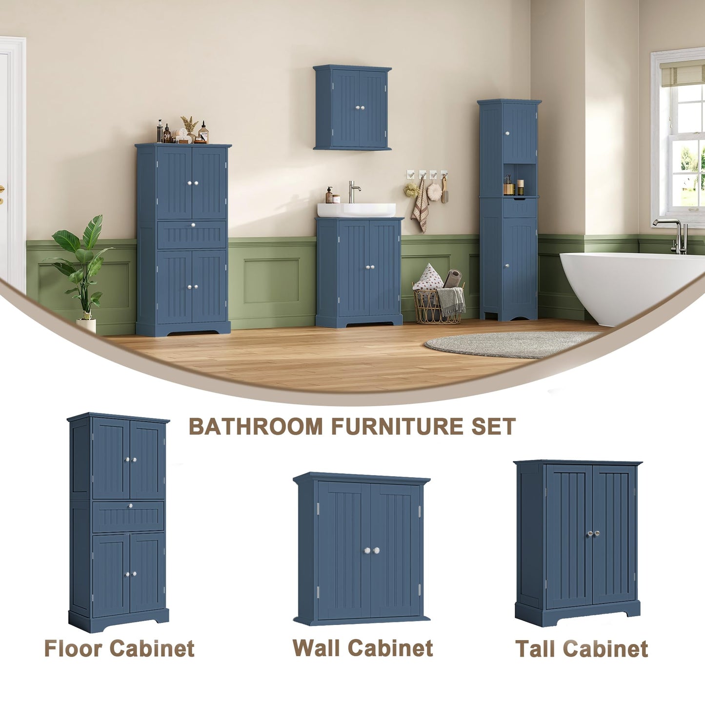ChooChoo 51" H Tall Bathroom Floor Cabinet, Modern Bathroom Storage Cabinet with Drawer and Adjustable Shelves, Freestanding Kitchen Pantry Cupboard with 4 Doors for Living Room, Blue