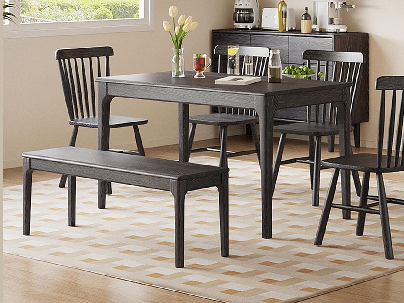 MU RONG Dining Bench, Wood Bench Solid Oak Wooden Bench Indoor Dining Room Table Home Bedroom Bed End Restaurant Modern Hallway Furniture (Black, 31.5" W x 13.8" D x 17.7" H)