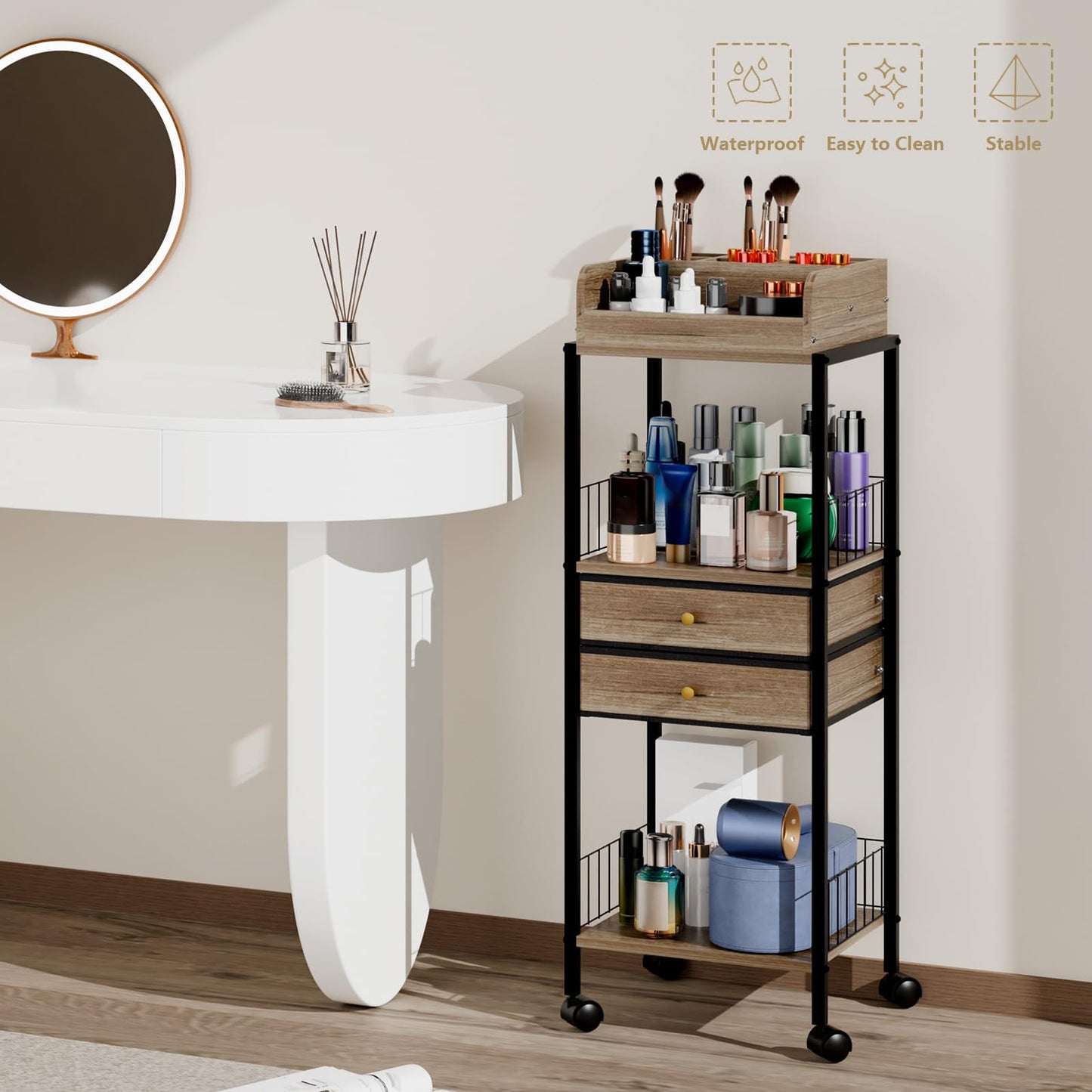 Makeup Organizer Cart Shelf Floor Skincare Organizers Make Up and Station Storage Cabinet For Vanity Standing Cosmetics With Drawers and Wheels For Nail Polish Perfume Hair Tool Beauty(Grey Oak)
