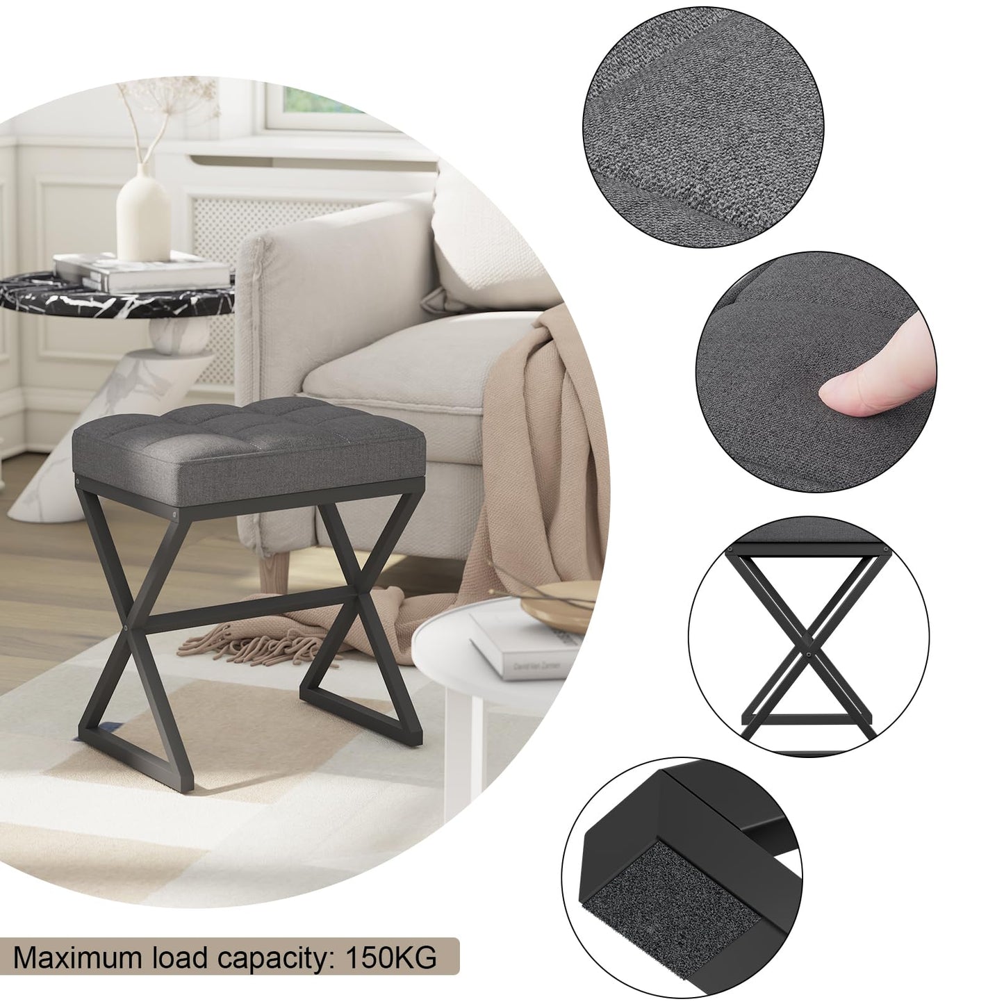 YMYNY Vanity Stool, Linen Footrest, Ottoman Bench with X-Shaped Metal Legs, Makeup Dressing Stool for Vanity, Living Room, Bedroom, Entryway, Hallways 15.74" D×11.81" W×18.11" H Grey UHBD033G