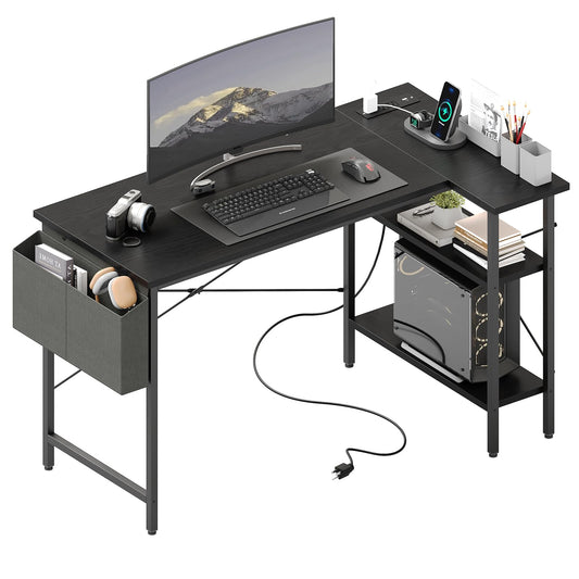 DUMOS Corner Gaming Desk,39" L Shaped Computer Desk with 3AC+2USB+1Type-C Power Strip, Storage Shelves & Side Hanging Fabric Organizer, Black Gaming Workstation for Home Office and Bedroom
