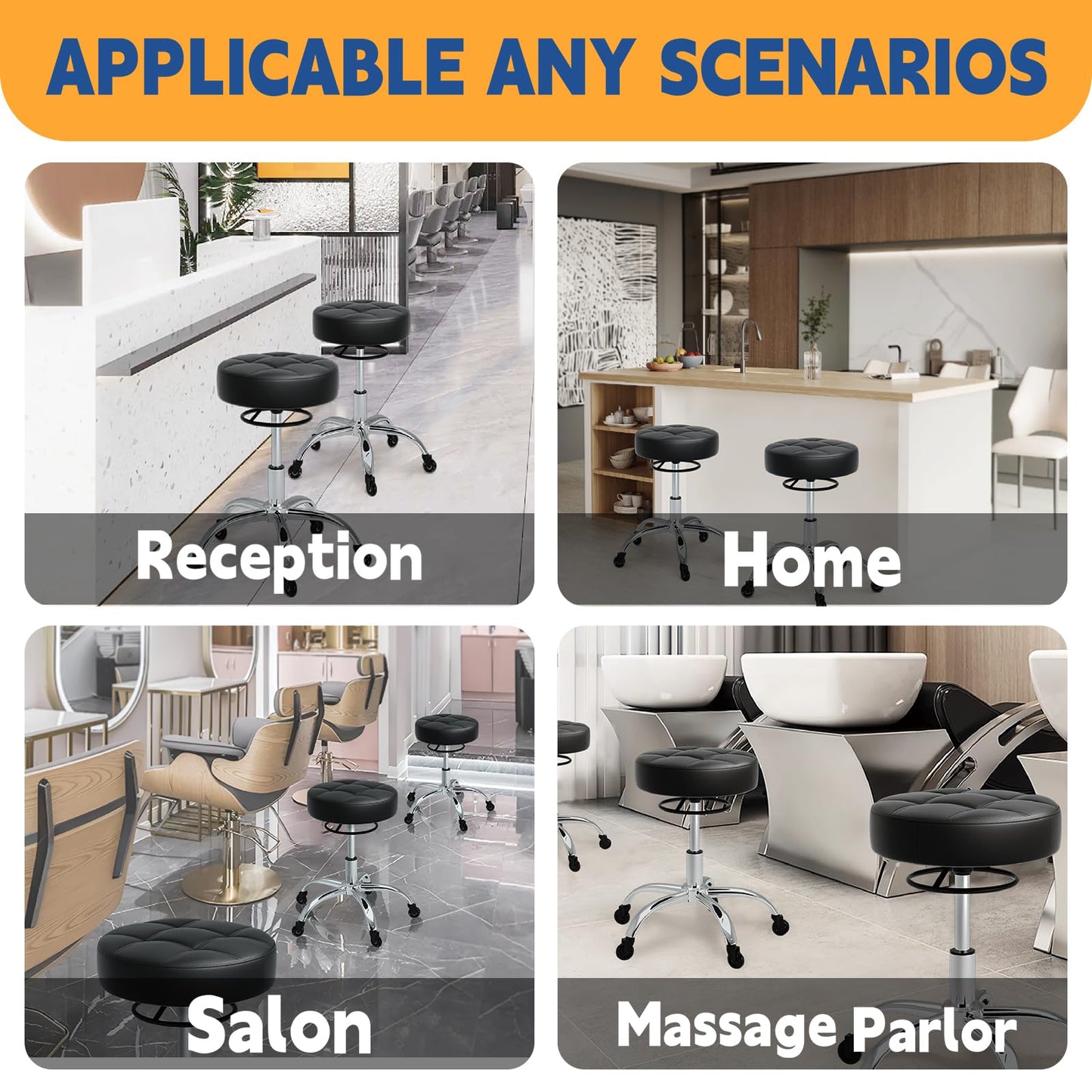 Rolling Stool Heavy Duty 400lb: Super Soft Seat Cushion,360° Swive,Height Adjustability,No Squeaky Noises,No Tip Over, New Upgraded Salon stool Chair, for Tattoo Facial Massage Spa Medical (Black)