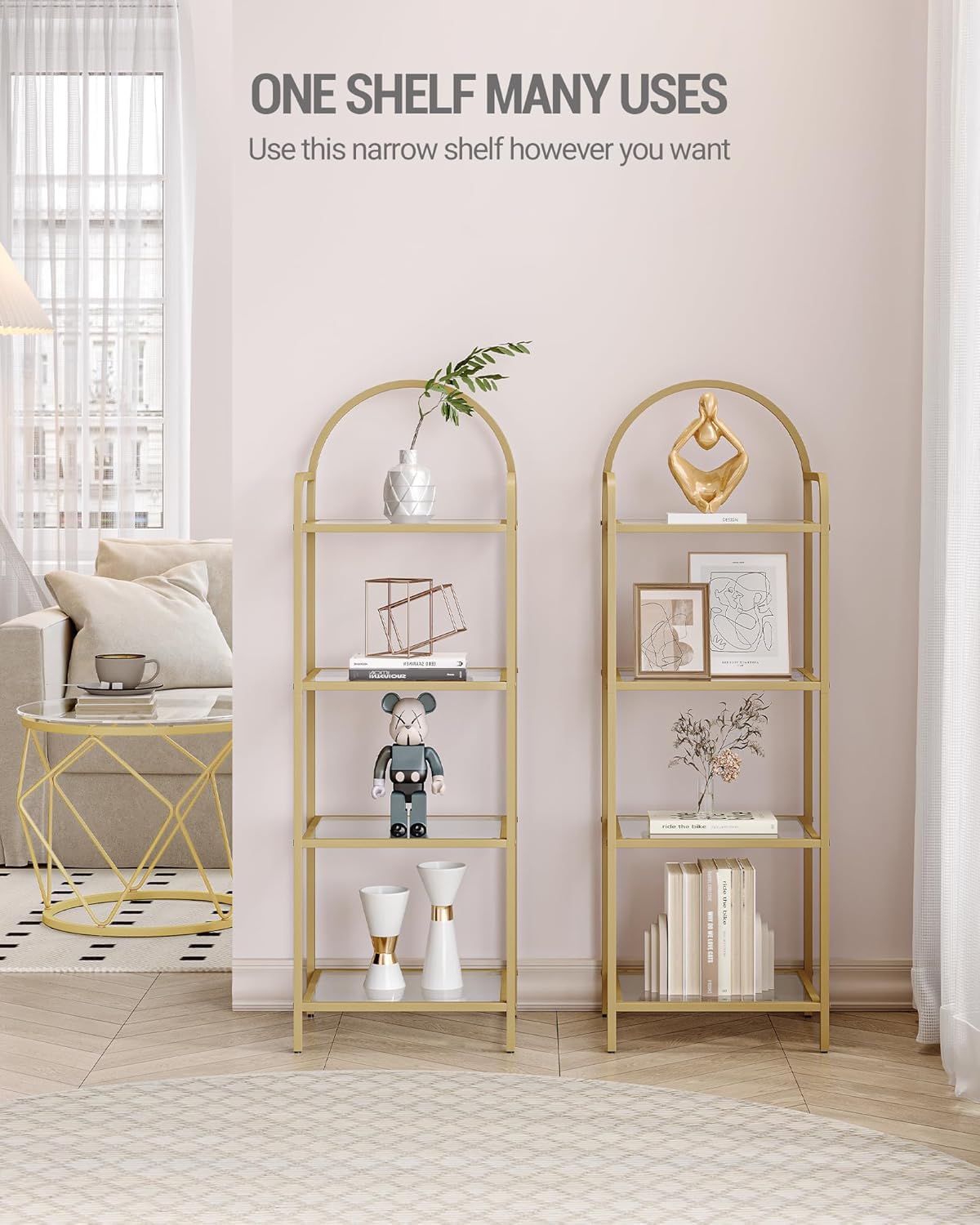 Hzuaneri Bookcase Bookshelf, Tempered Glass Bookshelves, Slim Shelving Unit for Bedroom, Bathroom, Home Office, Steel Frame, 4 Tier Gold BC04001G
