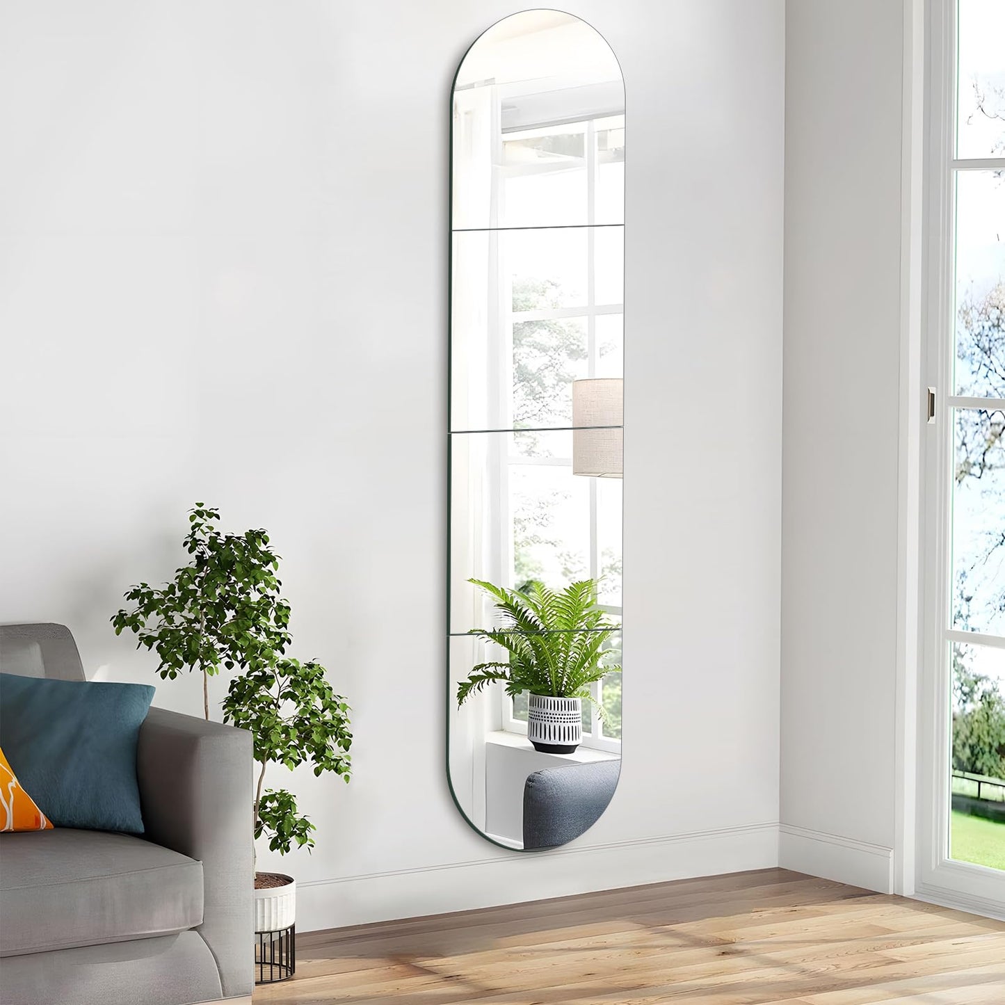 QEEYION Arched Full Length Mirror Wall Mounted 14''x12'' x 4PCS Frameless Glass Full Body Mirror Tiles for Wall, Door, Living Room, Bathroom, Bedroom, Cloakroom, Entryway Decor