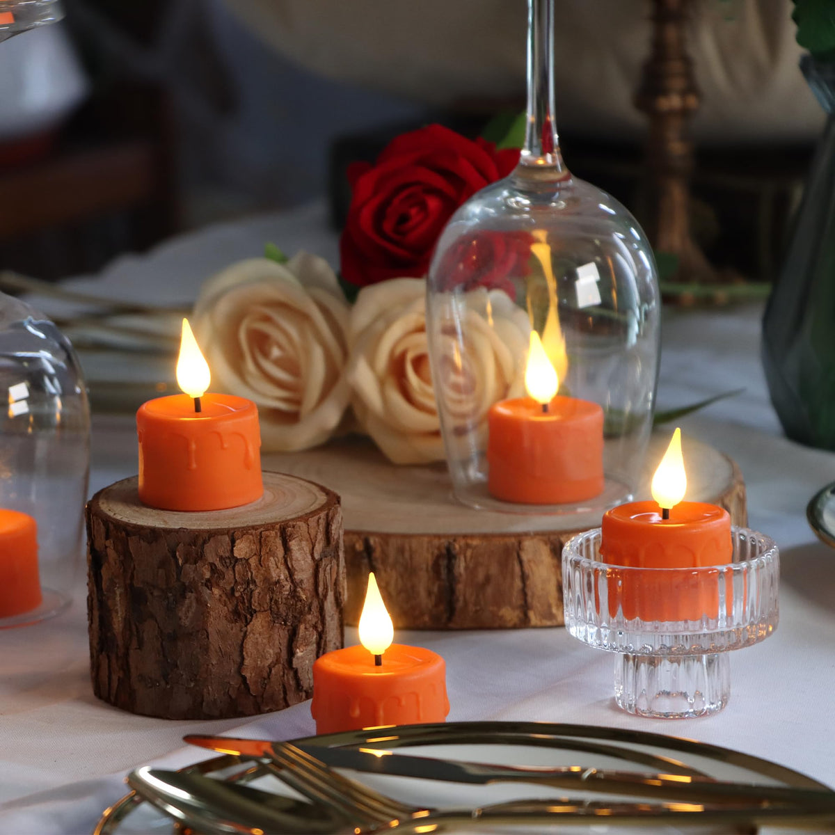 FREEPOWER Orange Halloween Candles,Rechargeable Flameless Candles with Remote Timer, Soft 3D Wick LED Tealights Candle, Rechargeable Candles Flickering Realistic for Halloween Decorations,Set of 6