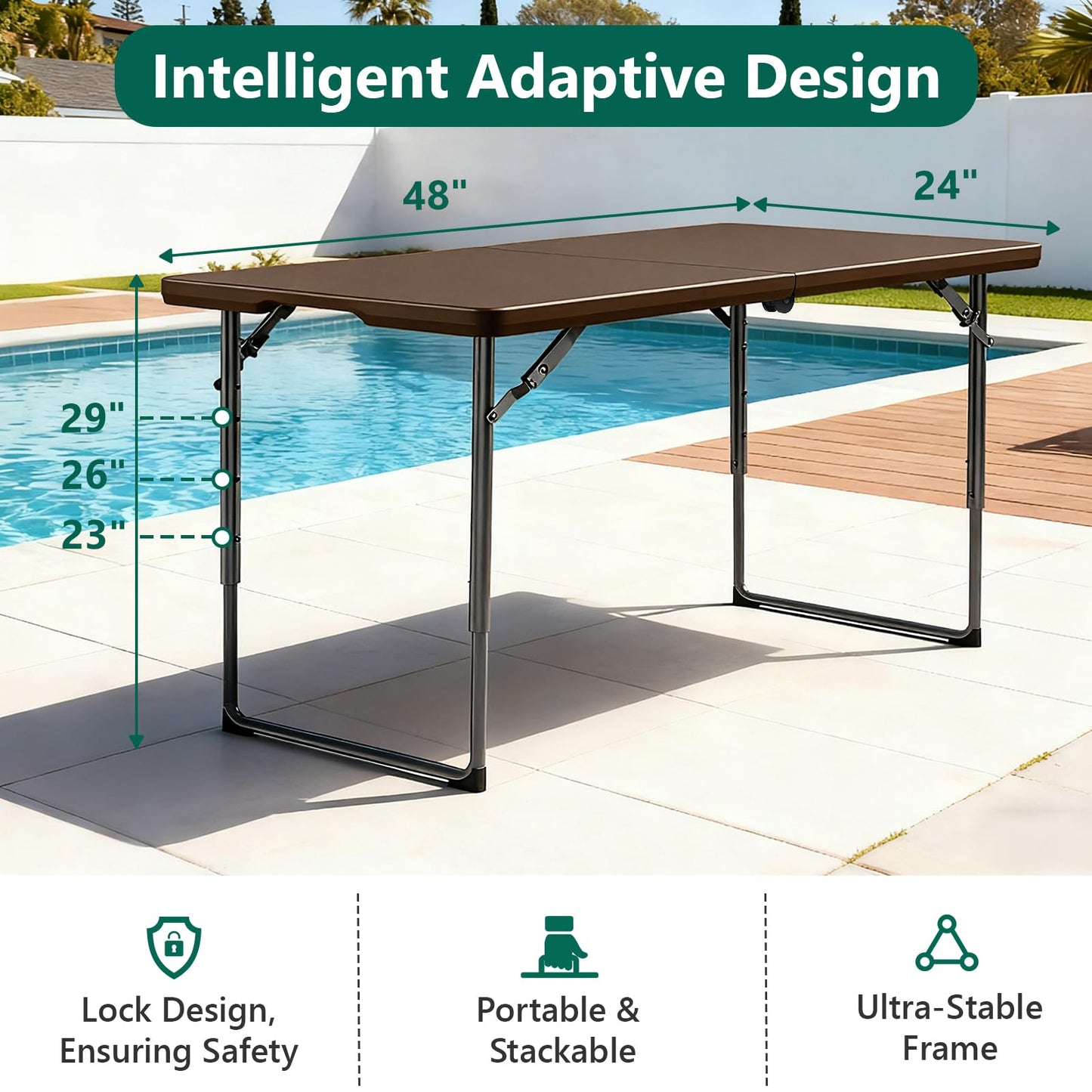 FurniEdge Folding Table 4FT Heavy Duty Plastic Table with Handle, Foldable&Portable, Fold-in-Half Utility Tables for Outdoor, Dining, Wedding, Events, Indoor, Picnic, Camping, Party, Brown