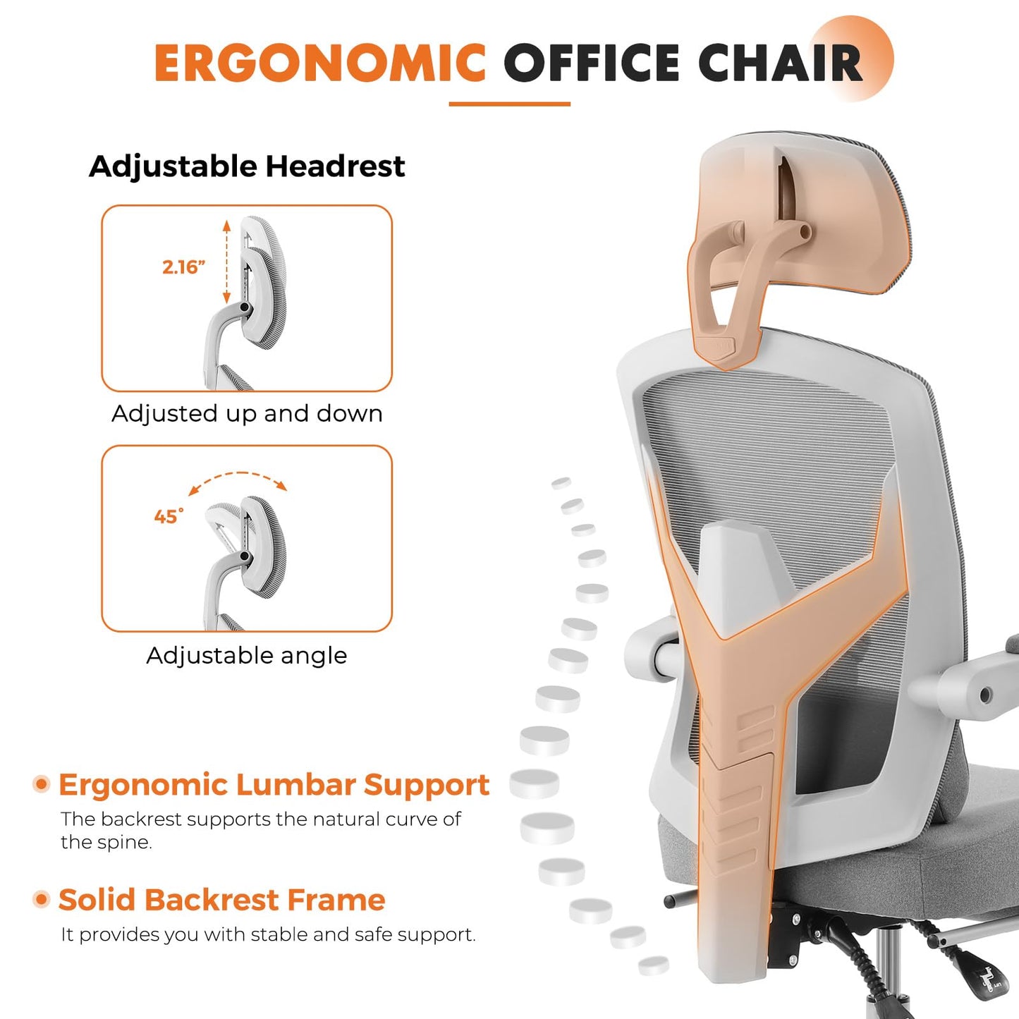 Sweetcrispy Office Computer Desk Chair with Footrest,Ergonomic High-Back Mesh Rolling Work Swivel Chairs with Wheels,Comfortable Lumbar Support,Comfy Arms for Home,Bedroom,Study,Student,Light Grey