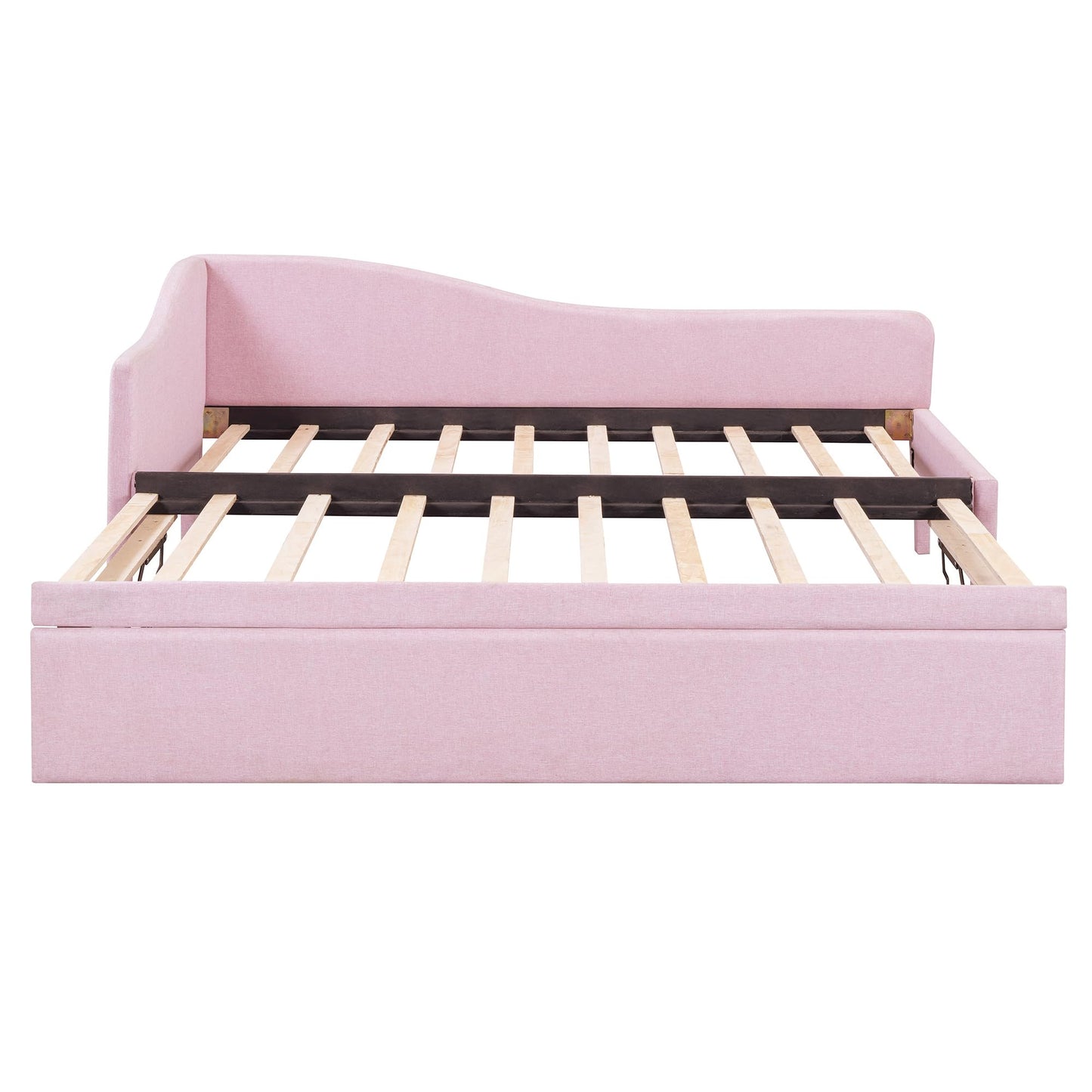 KOYVRY Day Bed with Pop Up Trundle Bed Twin - Upholstered Daybed with L-Shaped Guardrail, Wooden Slats and Wheels, Daybed Couch for Guest Room, No Box Spring Required (Pink)