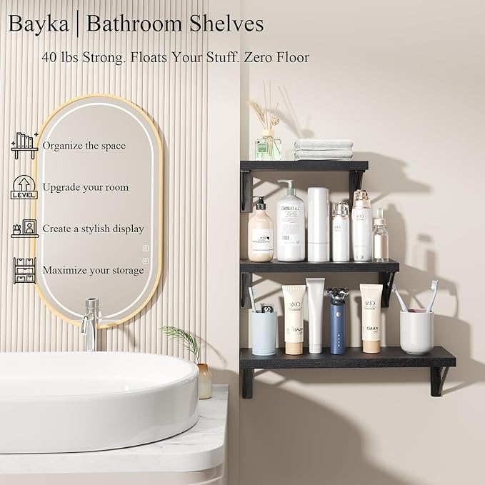 BAYKA Wall Mounted Floating Bathroom Shelves, Wood Floating Wall Shelf