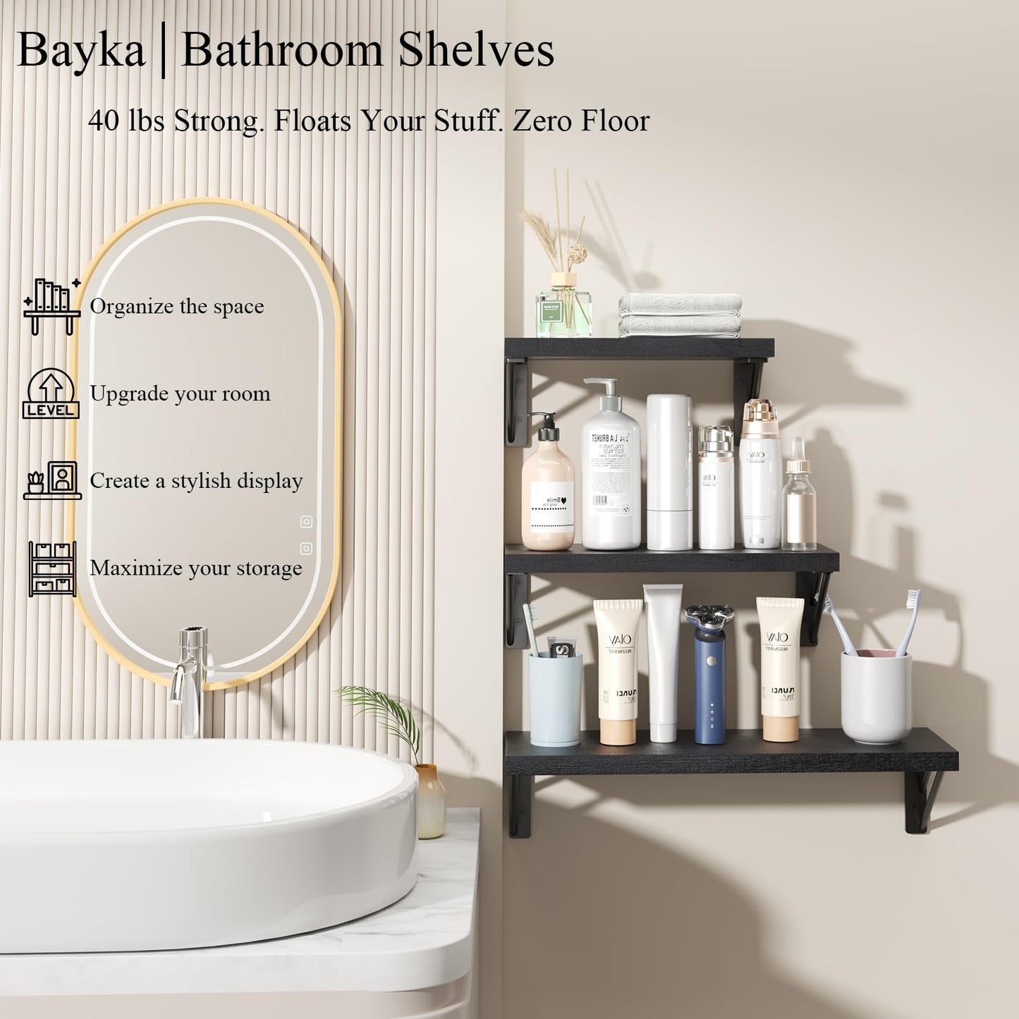BAYKA Wall Mounted Floating Bathroom Shelves, Wood Floating Wall Shelf for Bathroom Essentials & Decor, Small Space-Saving Display & Organizer（Black，Set of 3）