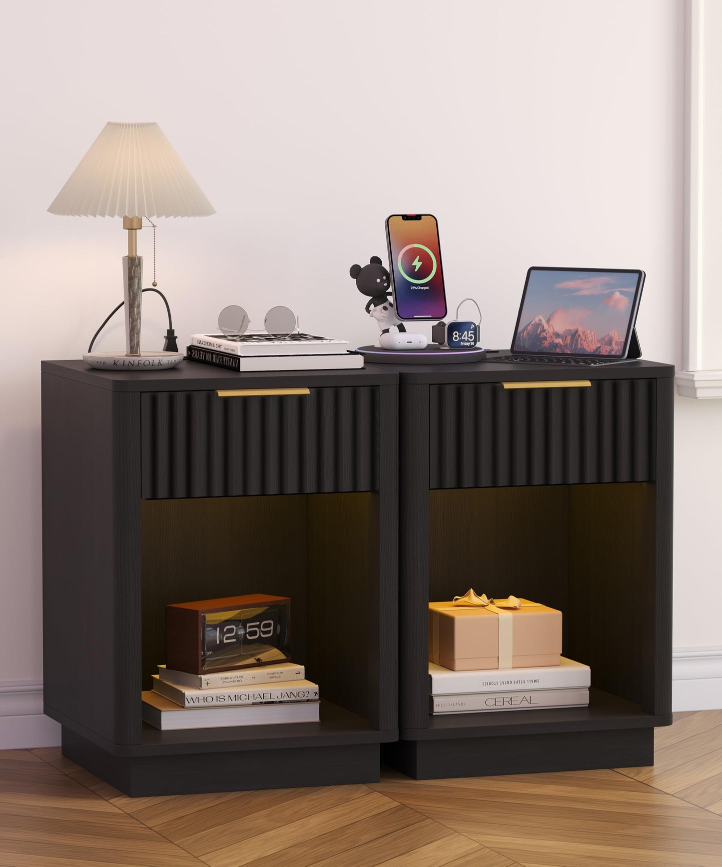 Akxomel Fluted Nightstands Set of 2, Wooden Night Stand with Charging Station and LED Light, Modern Mid Century End Table with Drawer, 15" D x 15.7" W x 22.6" H, for Bedroom, Black