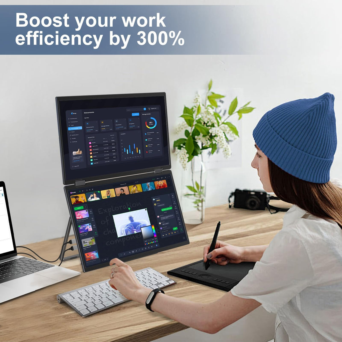 InnoView Dual Portable Monitor 15.6" 1920x1080 Dual Stacked Foldable Monitor | 315° Screen Adjustment | USB-C/HDMI Dual Screen Monitor for Laptop, Mac, Windows