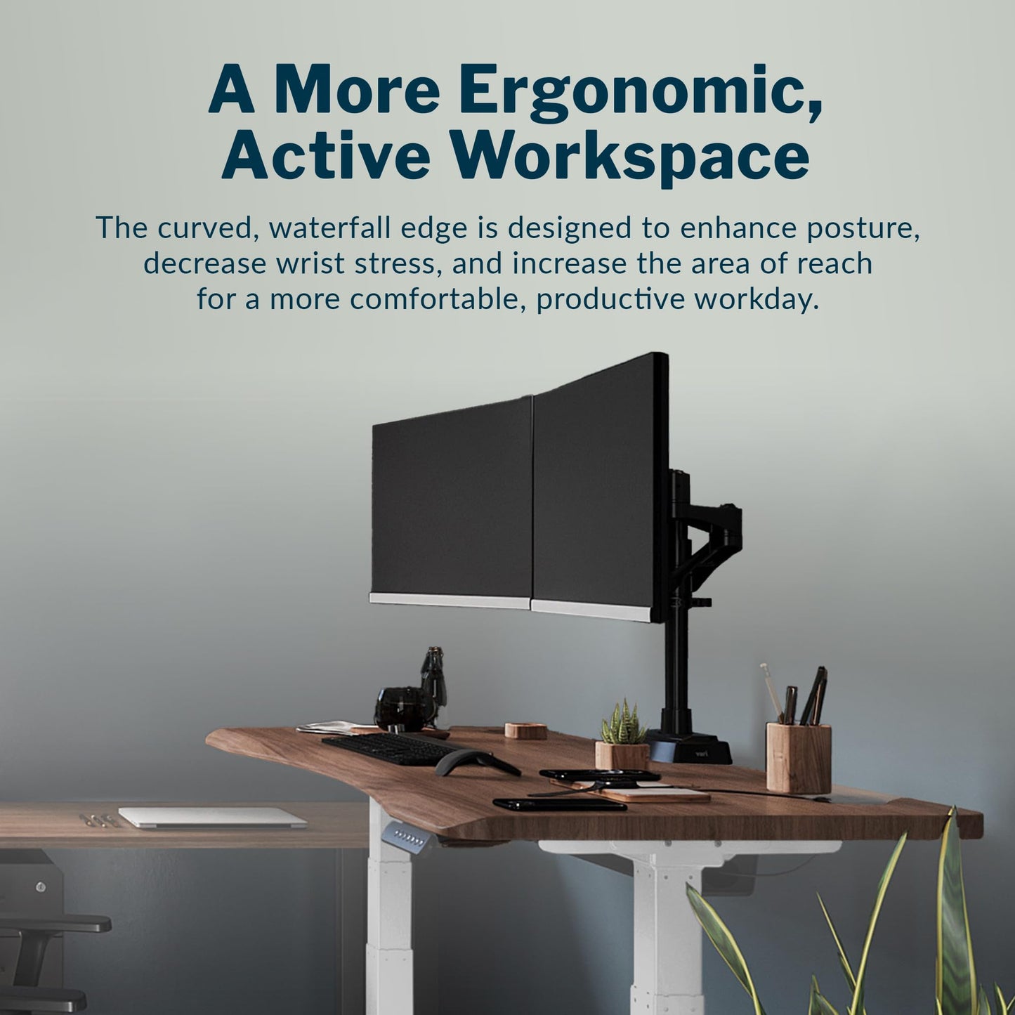 Vari Ergo 54x26 Electric Standing Desk – Height Adjustable Sit Stand VariDesk + Curved Waterfall Edge, 4 Memory Settings, Quick Assembly, Cable Management, 200 lb Capacity – Walnut (2 Boxes)