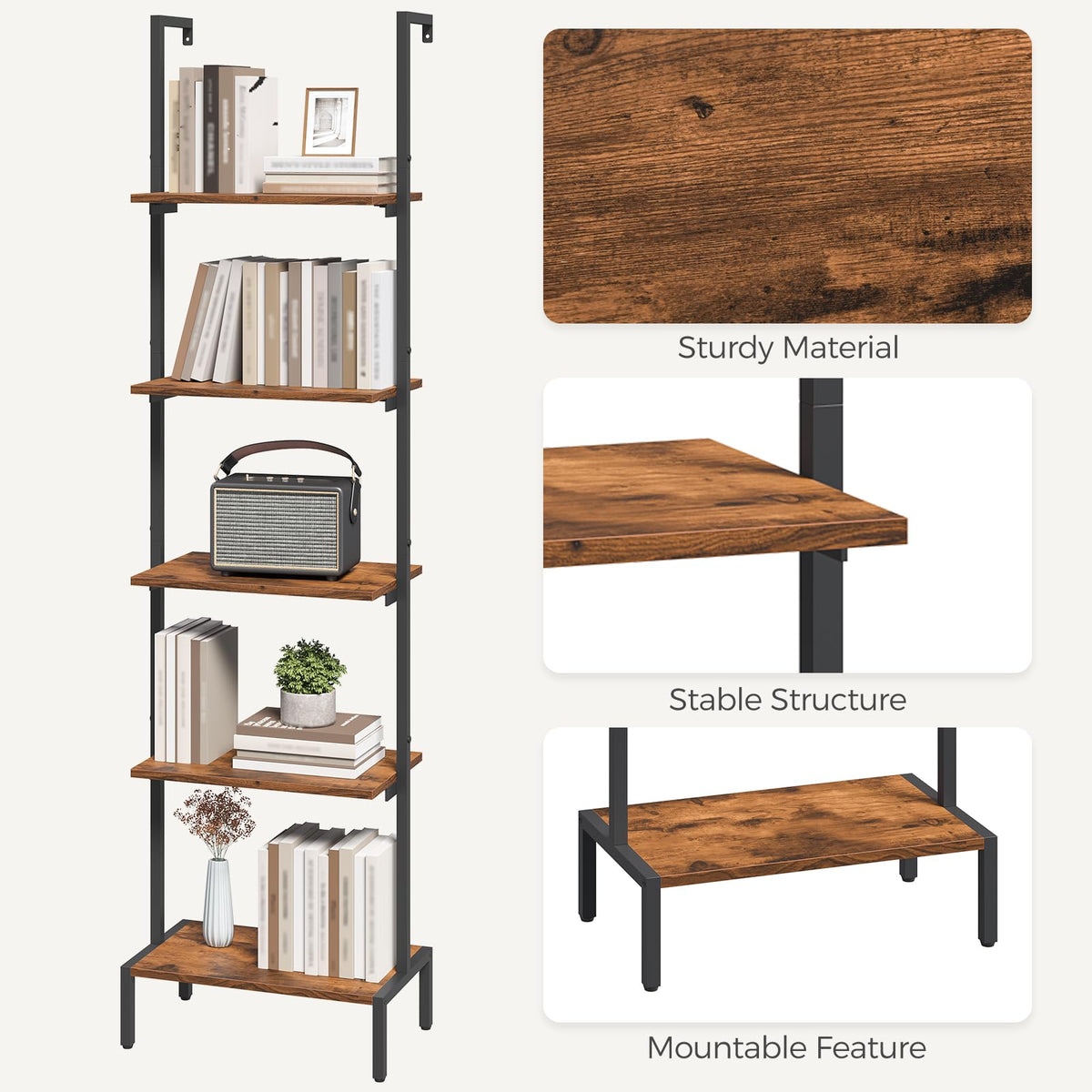 MAHANCRIS Ladder Shelf, 5-Tier Bookshelf, Ladder Bookcase with Wall Mount, Heavy Duty Industrial Style Storage Rack for Living Room, Office, Kitchen, Bedroom, Rustic Brown and Black LSHR5501