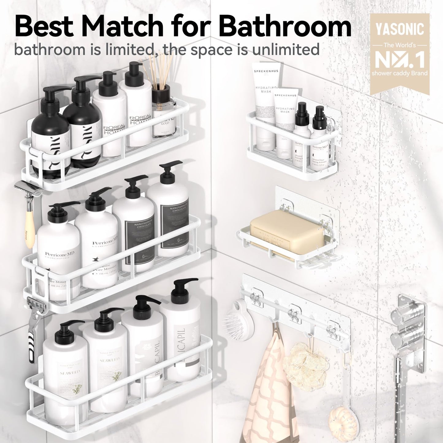 YASONIC Shower Caddy Adhesive, Rustproof Shower Organizer with Soap Holder, Large Capacity Shower Shelves for Inside Shower, No Drilling Bathroom Organizers and Storage for Home Decor（6 Pack White）