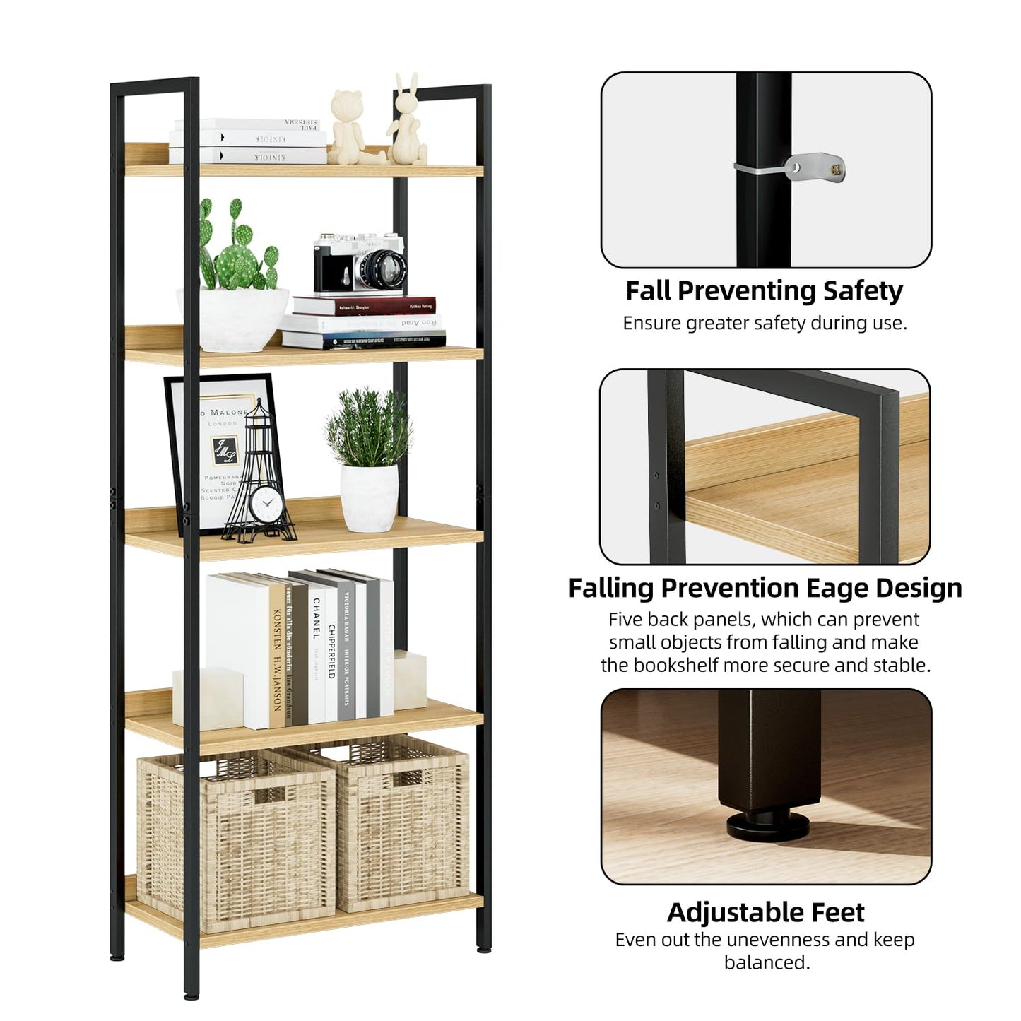 NUMENN Bookshelf, 5 Tier Bookshelves, Home Office Bookcase Shelf Storage Organizer, Free Standing Storage Shelving Unit for Bedroom, Living Room and Home Office, Natural