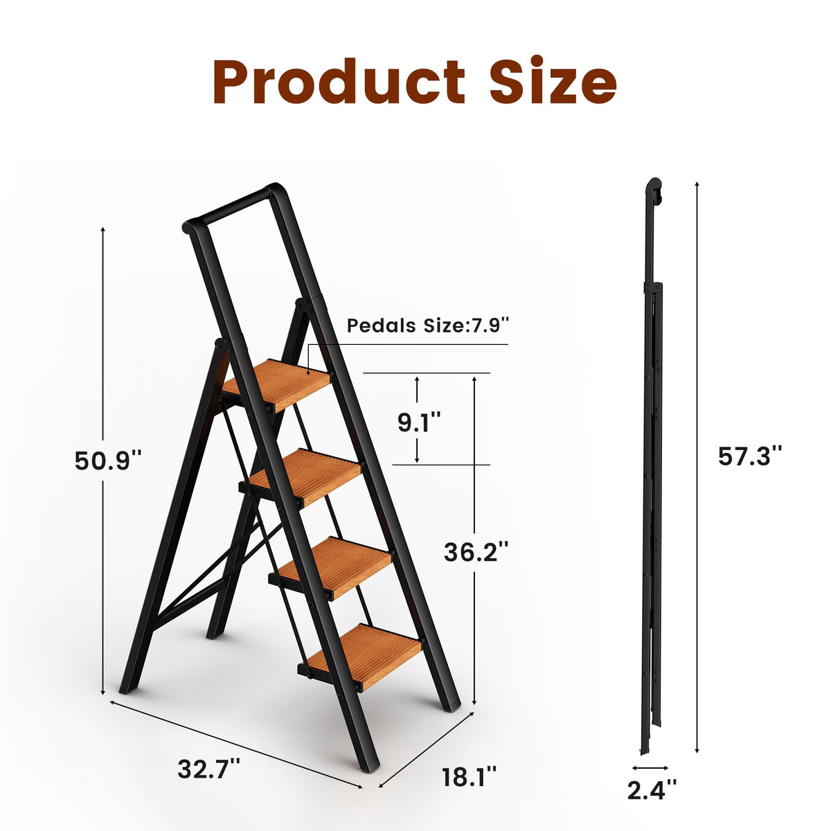 GameGem 4 Step Ladder, Lightweight Aluminum Folding Step Stool with Convenient Handgrip, Stepladders with Anti-Slip and Wide Pedal for Home Use Space Saving - Black+Woodgrain