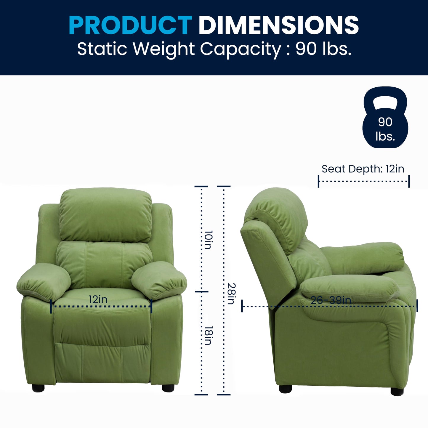 Flash Furniture Charlie Microfiber Kids Recliner with Flip-Up Storage Arms and Safety Recline, Contemporary Reclining Chair for Kids, Supports up to 90 lbs., Avocado