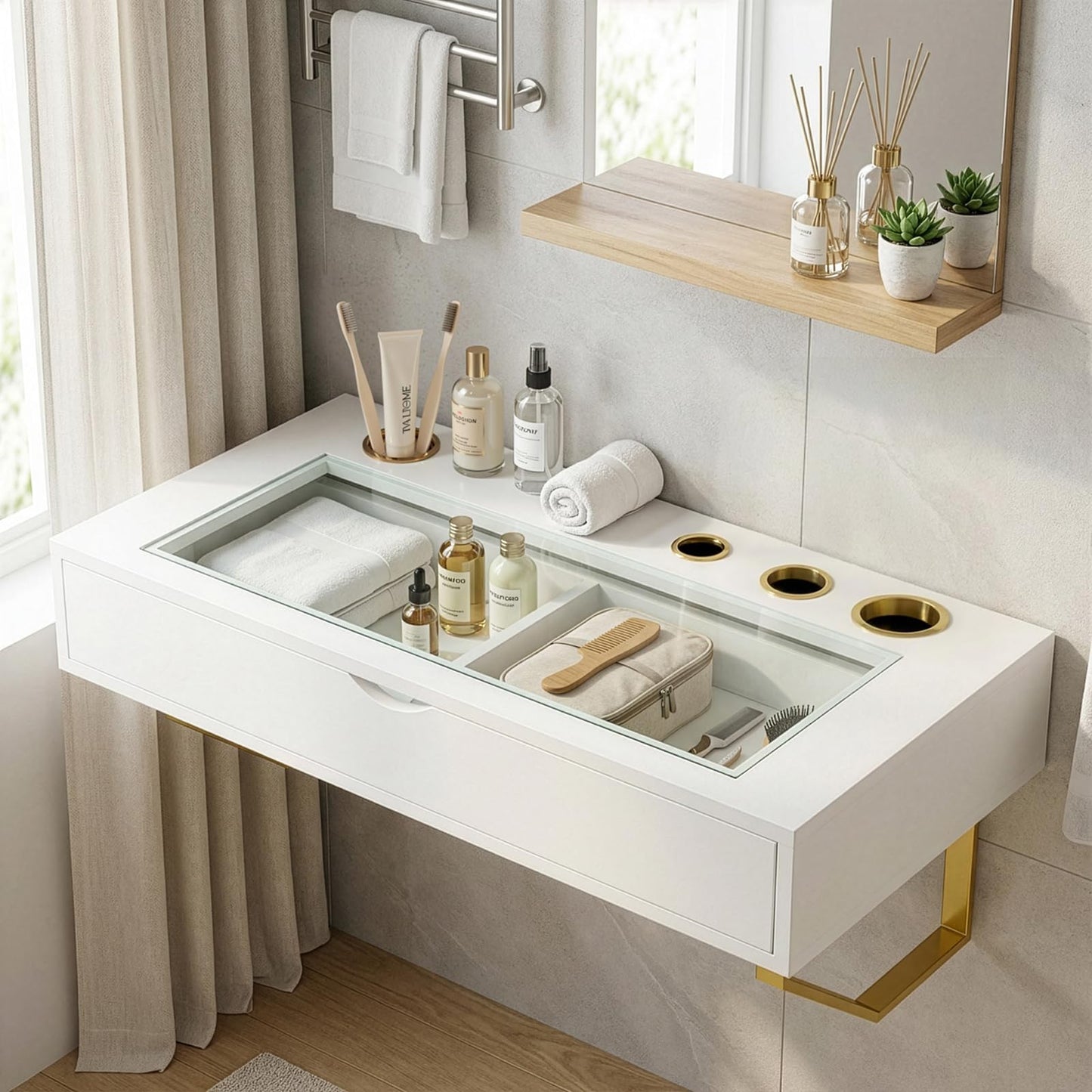 MIUJOTI Floating Vanity Makeup Table, 31 inch Wall Mounted Desk for Bedroom Dressing Room, Vanity Shelf with Drawer, White