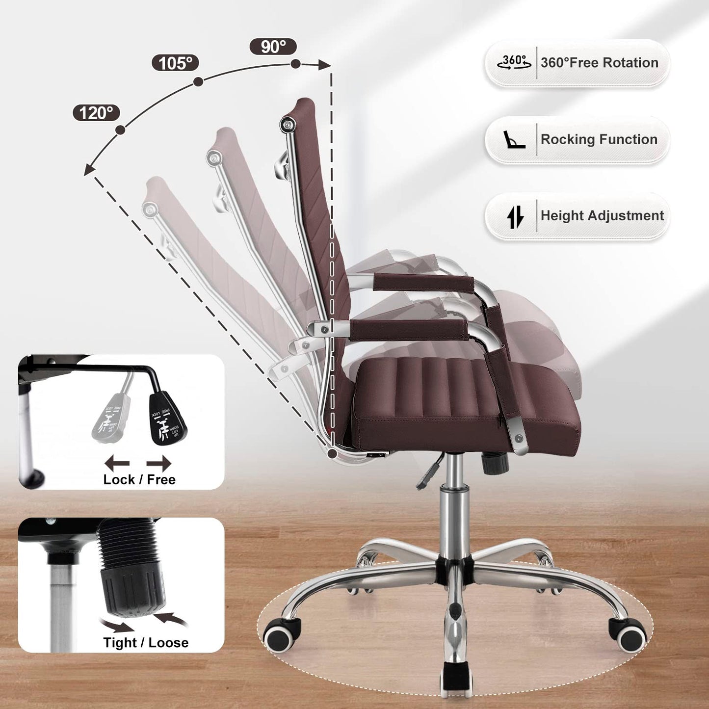 Shahoo Ribbed Office Chair, Mid-Back PU Leather Office Chair Executive Task Chair with 360° Swivel Wheels for Conference Room, Home Offices (Brown)