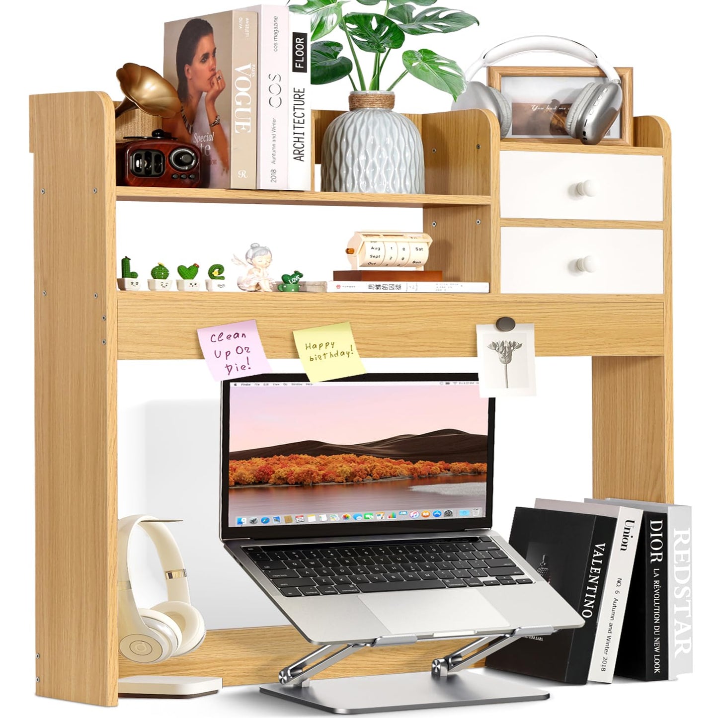 YGYQZ Wood Desk Shelf Organizer, Desk Hutch Top Only, Countertop Storage Hutch with 4 Shelves for Computer Desk，2-Tier with Cabinet Door Rack for Office, Home, Dorm，Natural