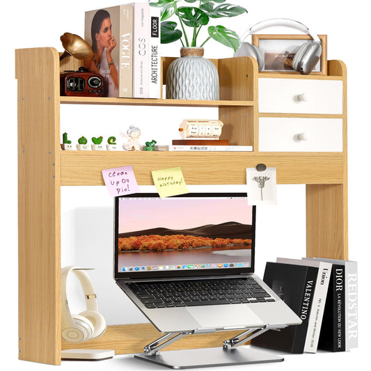 YGYQZ Wood Desk Shelf Organizer, Desk Hutch Top Only, Countertop Storage Hutch with 4 Shelves for Computer Desk，2-Tier with Cabinet Door Rack for Office, Home, Dorm，Natural