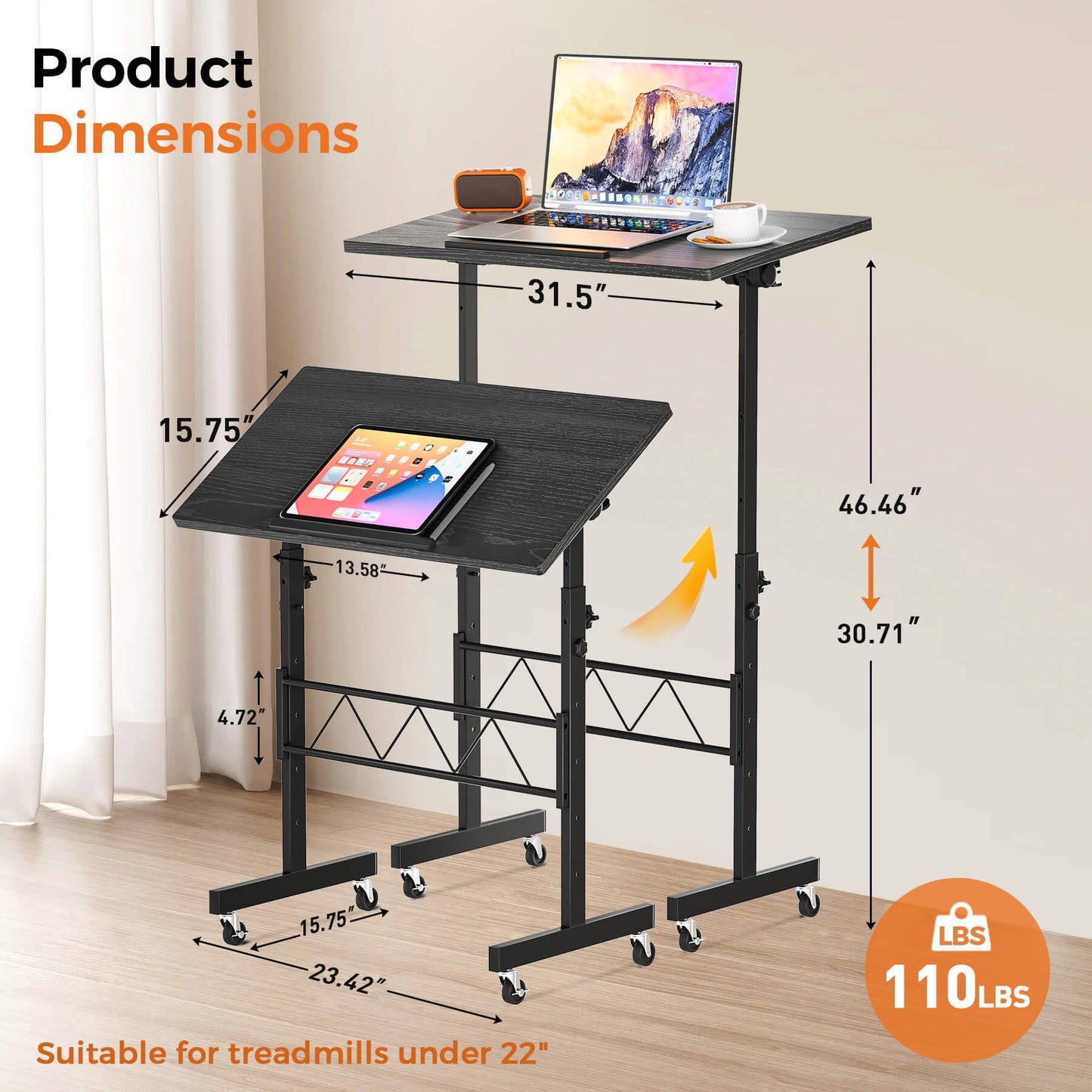 COMHOMA Standing Desk Adjustable Height & Tiltable Tabletop, Portable Stand Up Desk for Laptop, Mobile Folding Desk for Home Office Work and Walking Pad Treadmill, Height 30.7"-46.4", Black
