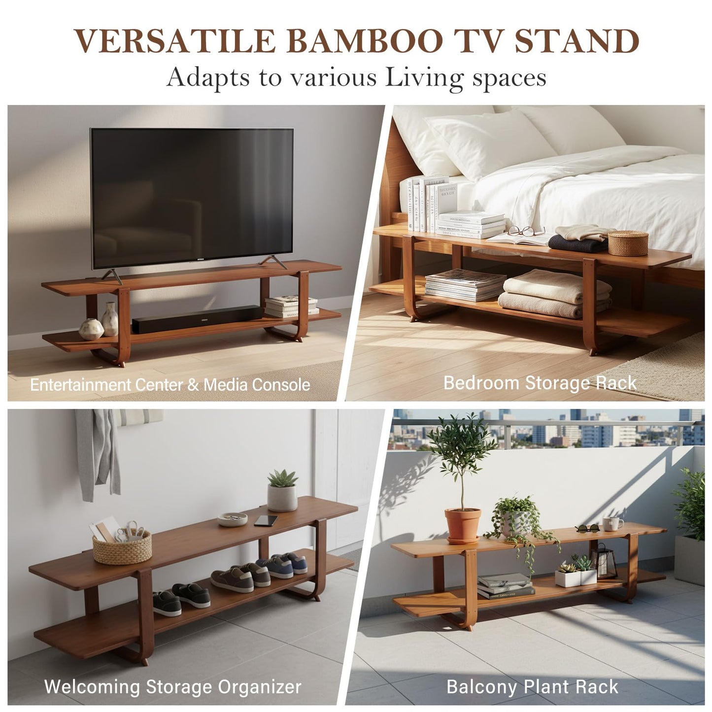 Tiita TV Stand with Storage for TVs up to 65'', Bamboo TV Console Entertainment Center with 2 Open Shelf, Mid Century Modern Media Console for Living Room, Bedroom, Walnut