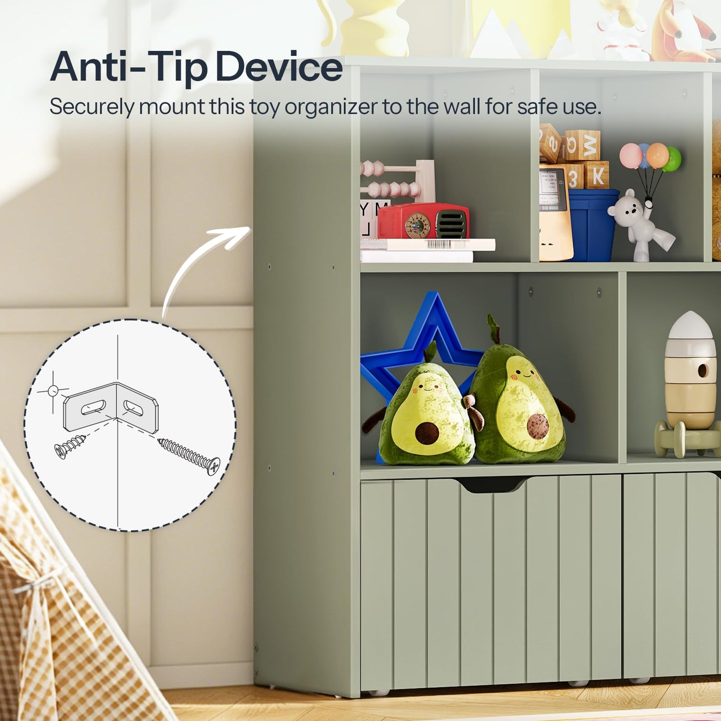 HOOBRO Toy Storage Organizer, Toy Organizers and Storage with 2 Movable Drawers and 5 Cubbies, Toy Chest Shelf for Books or Dolls, Kids Bookshelf and Toy Storage for Playroom, Green GN88CW01
